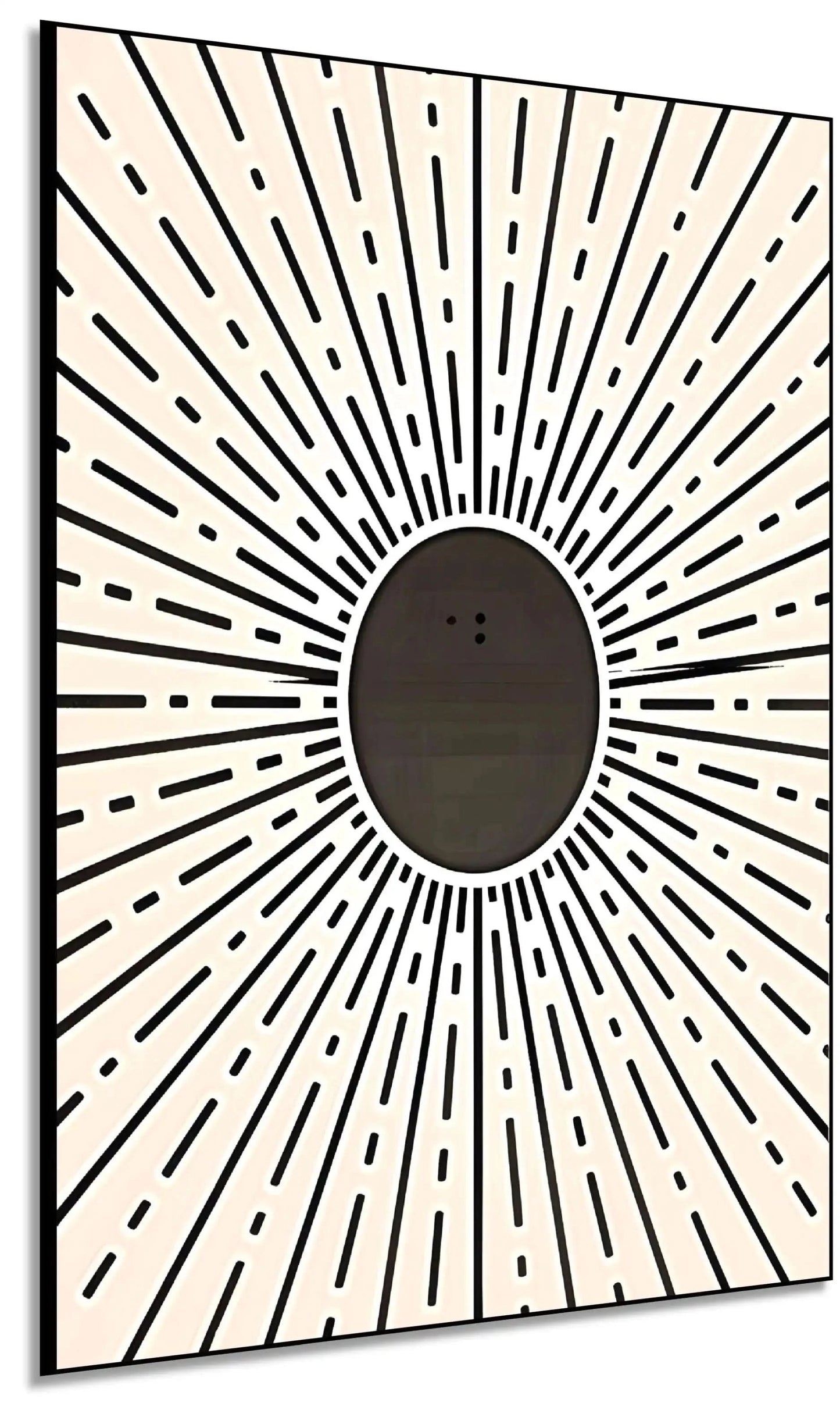 Motif géométrique rayonnant en noir et beige, centre noir profond, ambiance dynamique et mystérieuse pour salon ou bureau.