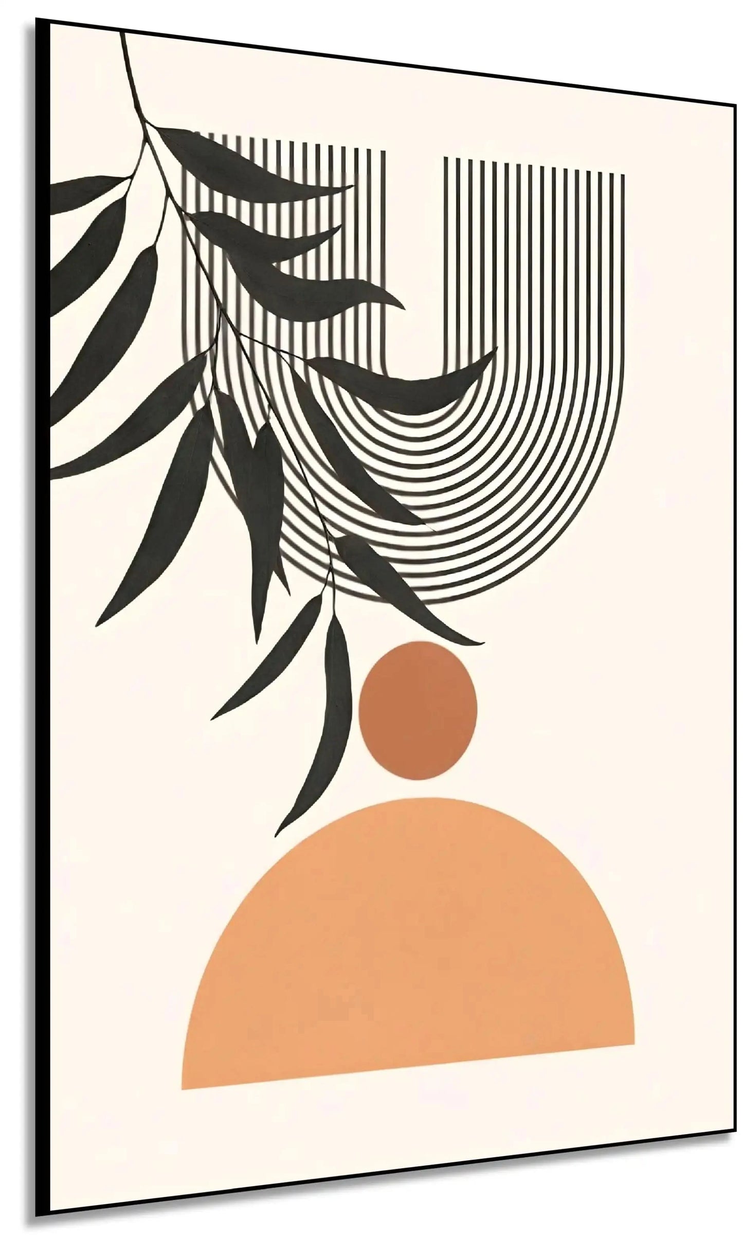 Œuvre minimaliste avec formes géométriques, lignes noires et nuances terreuses, ambiance sereine pour salon moderne.