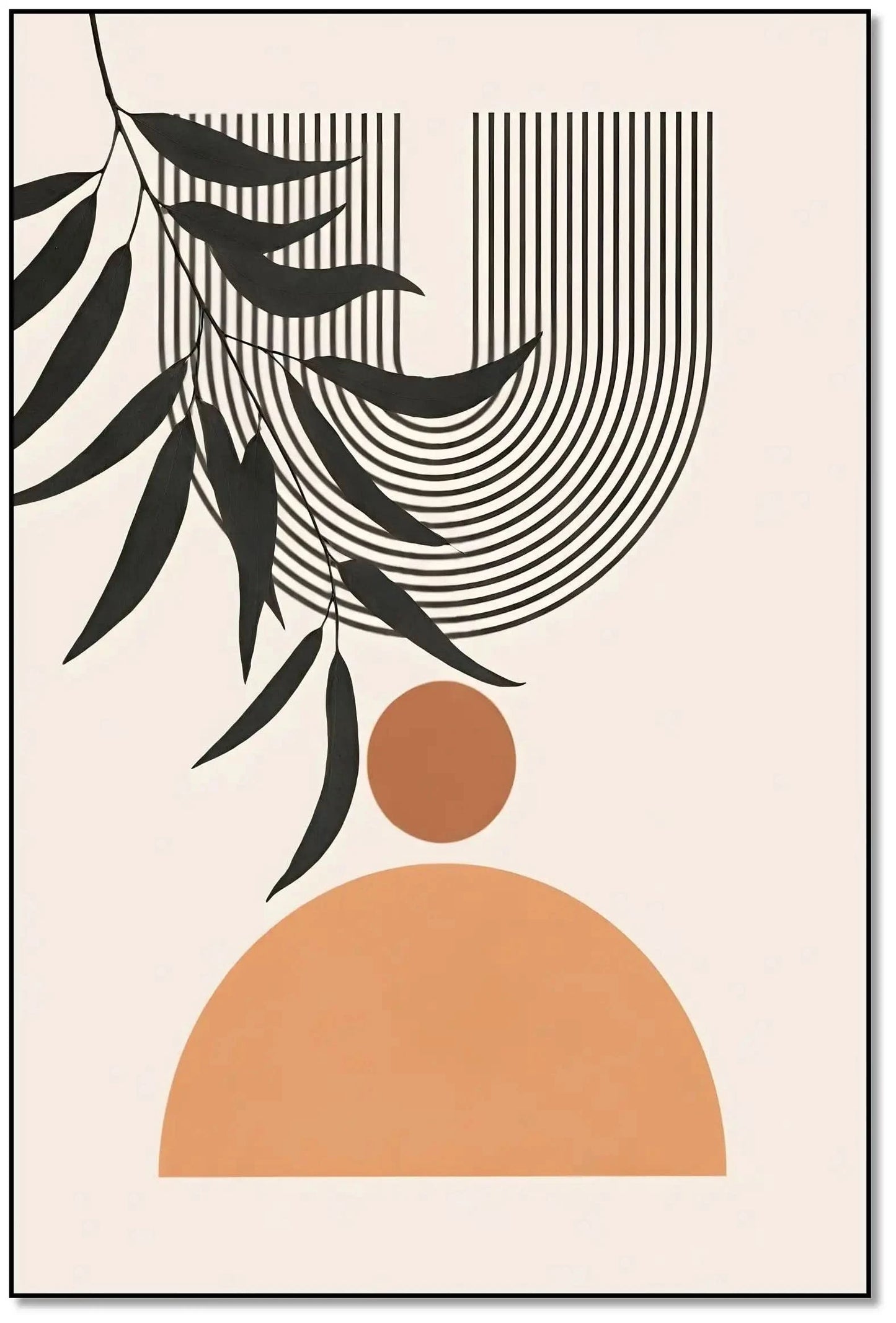 Œuvre minimaliste avec formes géométriques, lignes noires et nuances terreuses, ambiance sereine pour salon moderne.