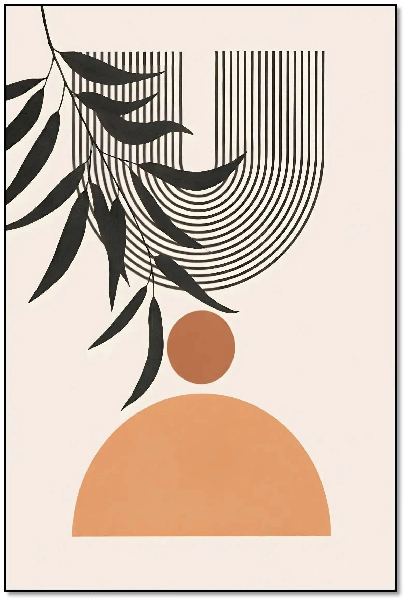 Œuvre minimaliste avec formes géométriques, lignes noires et nuances terreuses, ambiance sereine pour salon moderne.