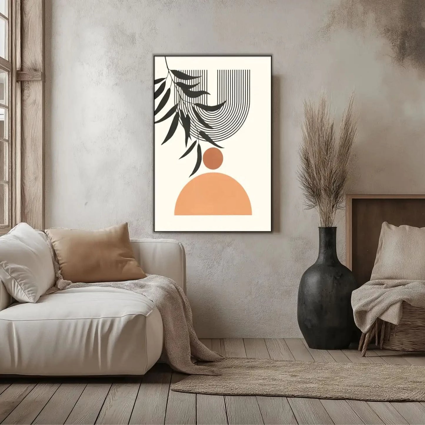 Œuvre minimaliste avec formes géométriques, lignes noires et nuances terreuses, ambiance sereine pour salon moderne.