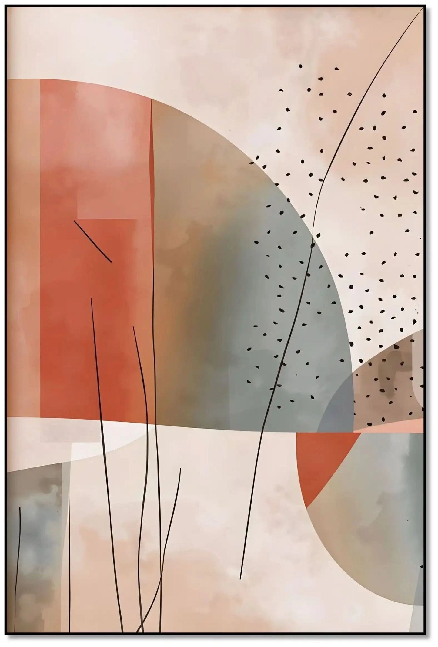 Peinture géométrique avec cercles et lignes, teintes beige et terracotta, ambiance sereine pour salon moderne.