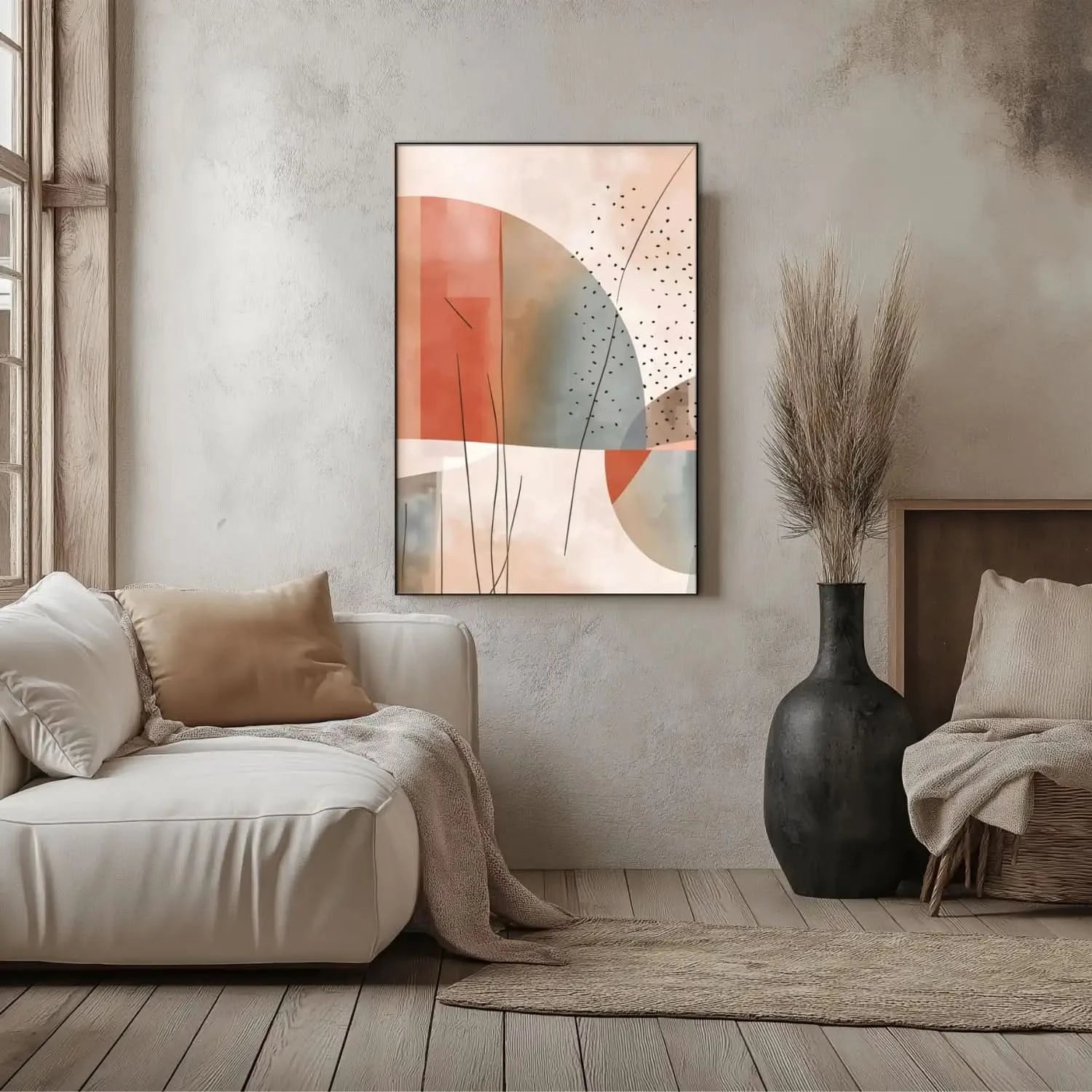 Peinture géométrique avec cercles et lignes, teintes beige et terracotta, ambiance sereine pour salon moderne.