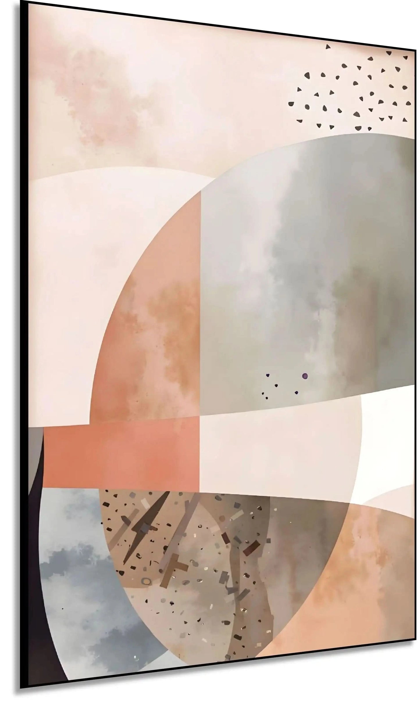 Tableau abstrait avec formes géométriques et teintes douces de beige, gris et rose, ambiance sereine pour salon ou bureau.