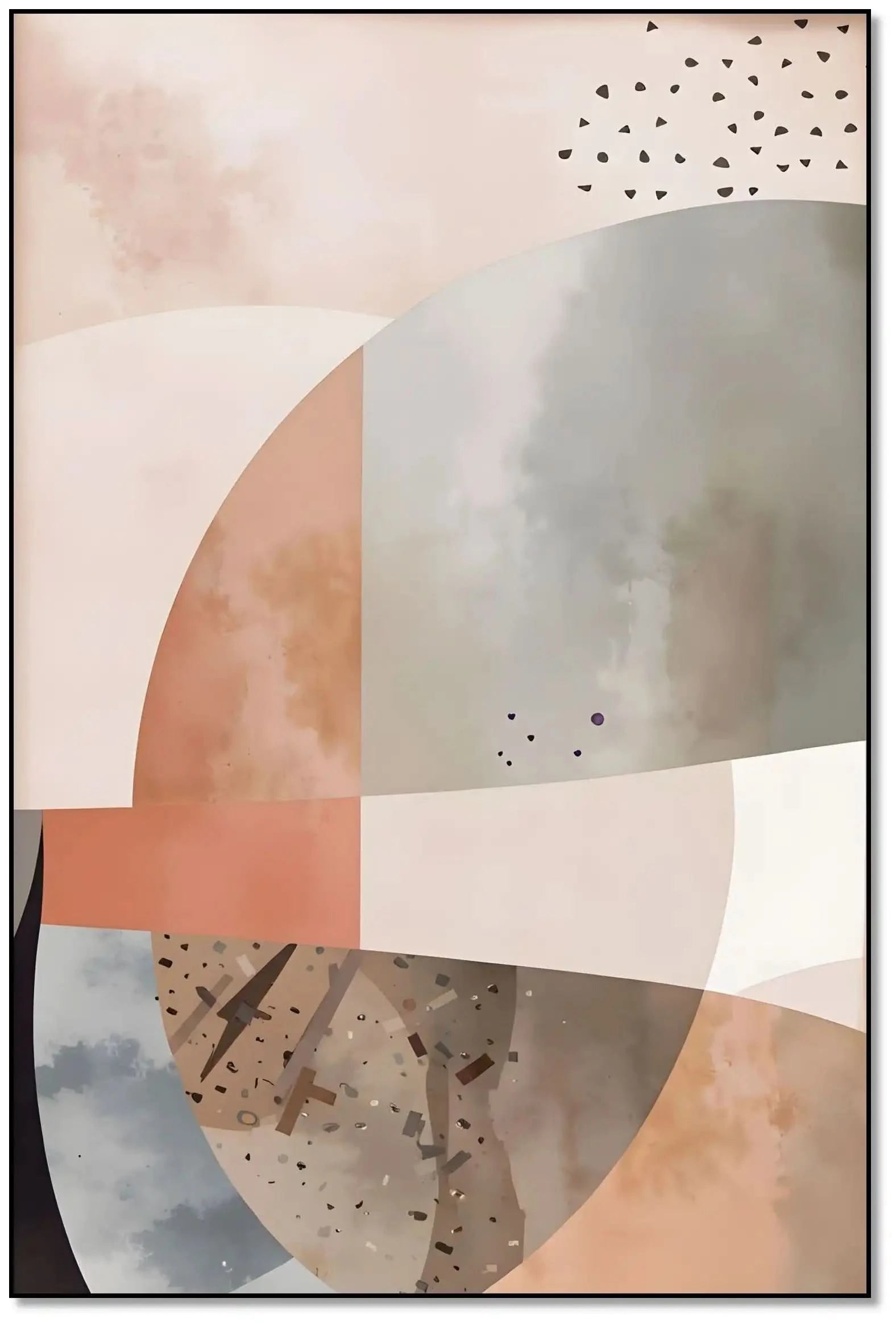 Tableau abstrait avec formes géométriques et teintes douces de beige, gris et rose, ambiance sereine pour salon ou bureau.