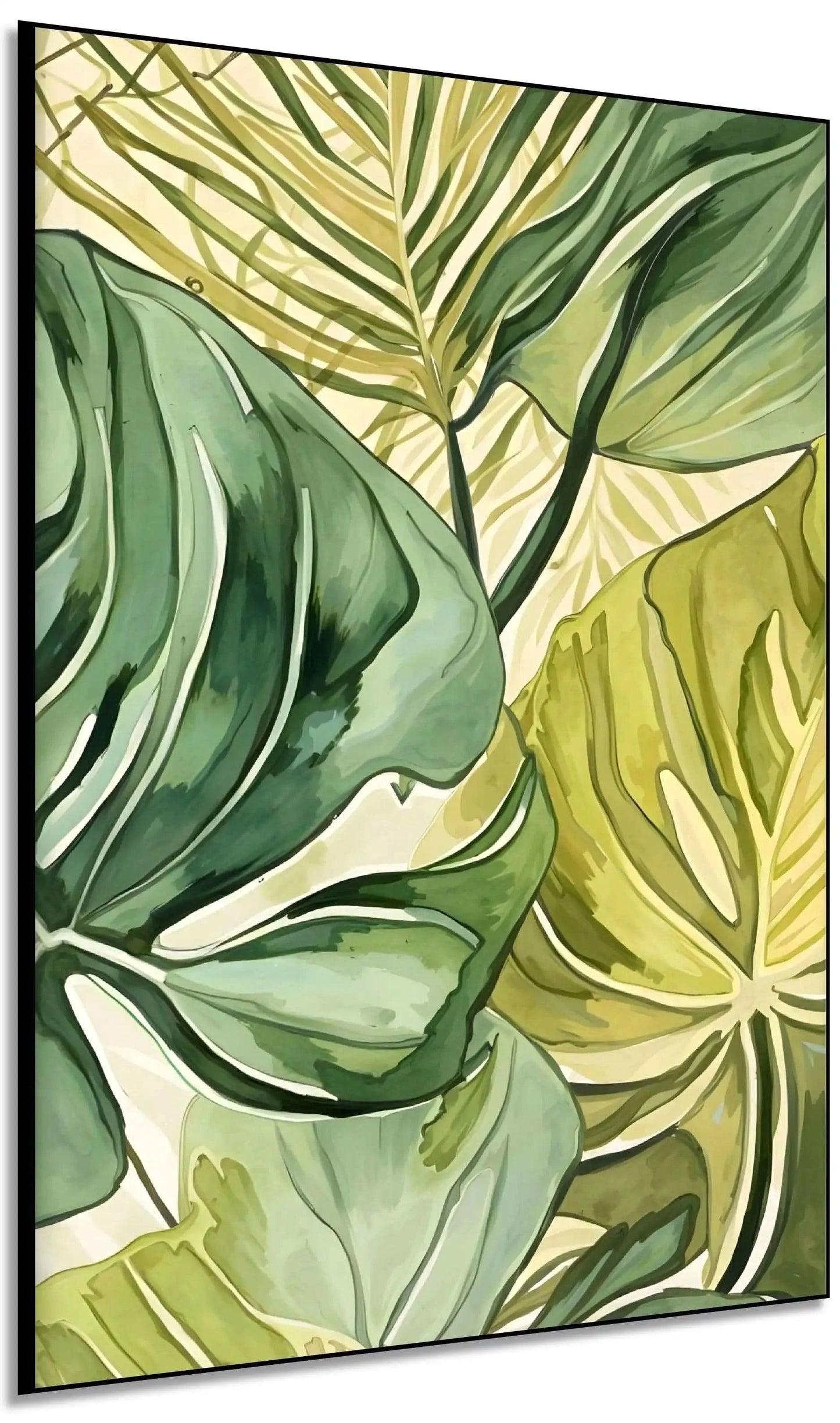 Peinture de feuilles tropicales aux nuances de vert et jaune, apportant une ambiance zen et naturelle à votre intérieur.