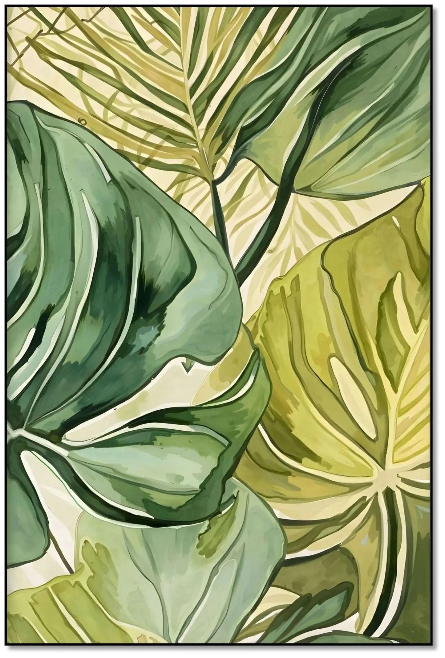 Peinture de feuilles tropicales aux nuances de vert et jaune, apportant une ambiance zen et naturelle à votre intérieur.