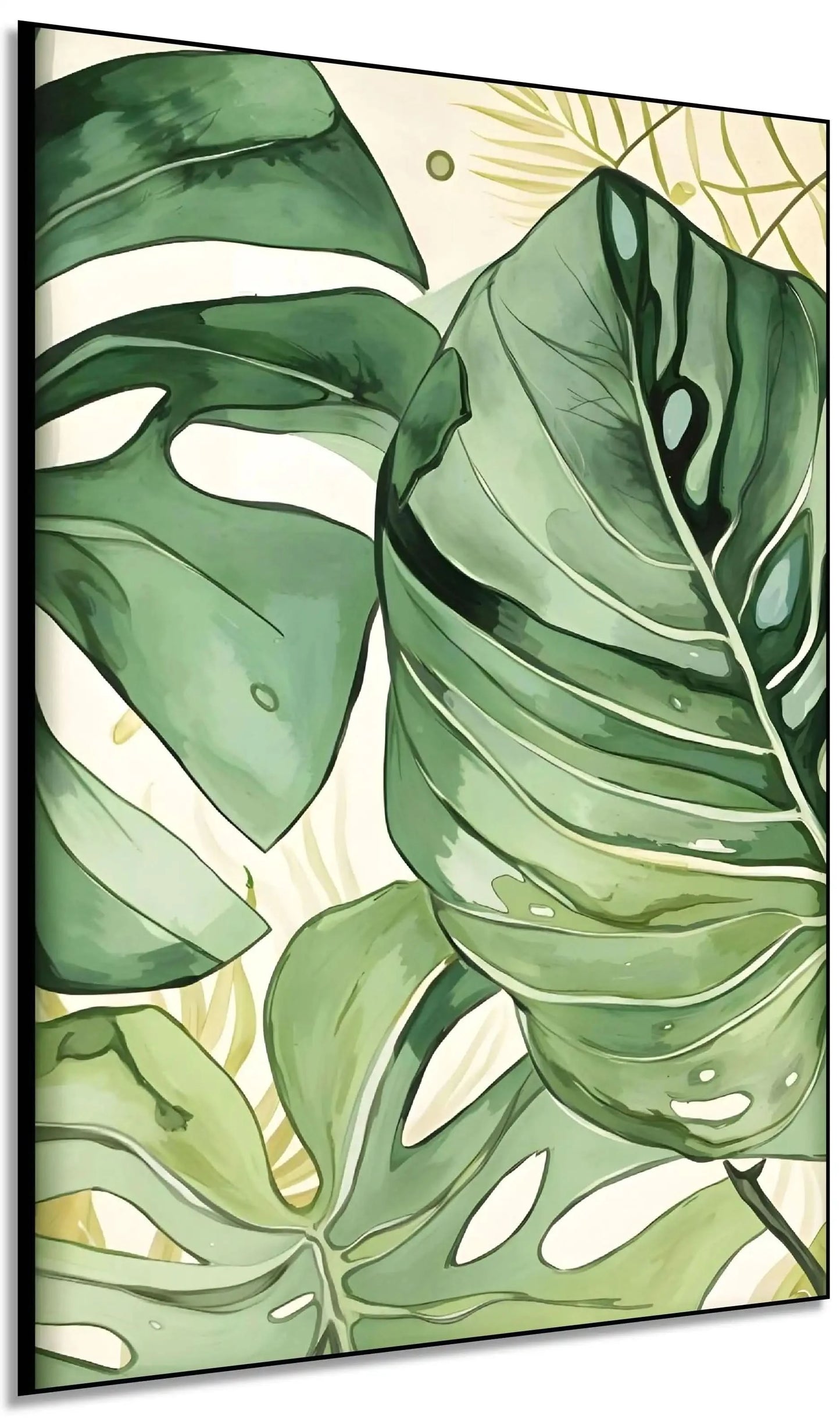 Tableau de feuilles tropicales aux nuances de vert, ambiance naturelle et apaisante pour salon ou chambre moderne.