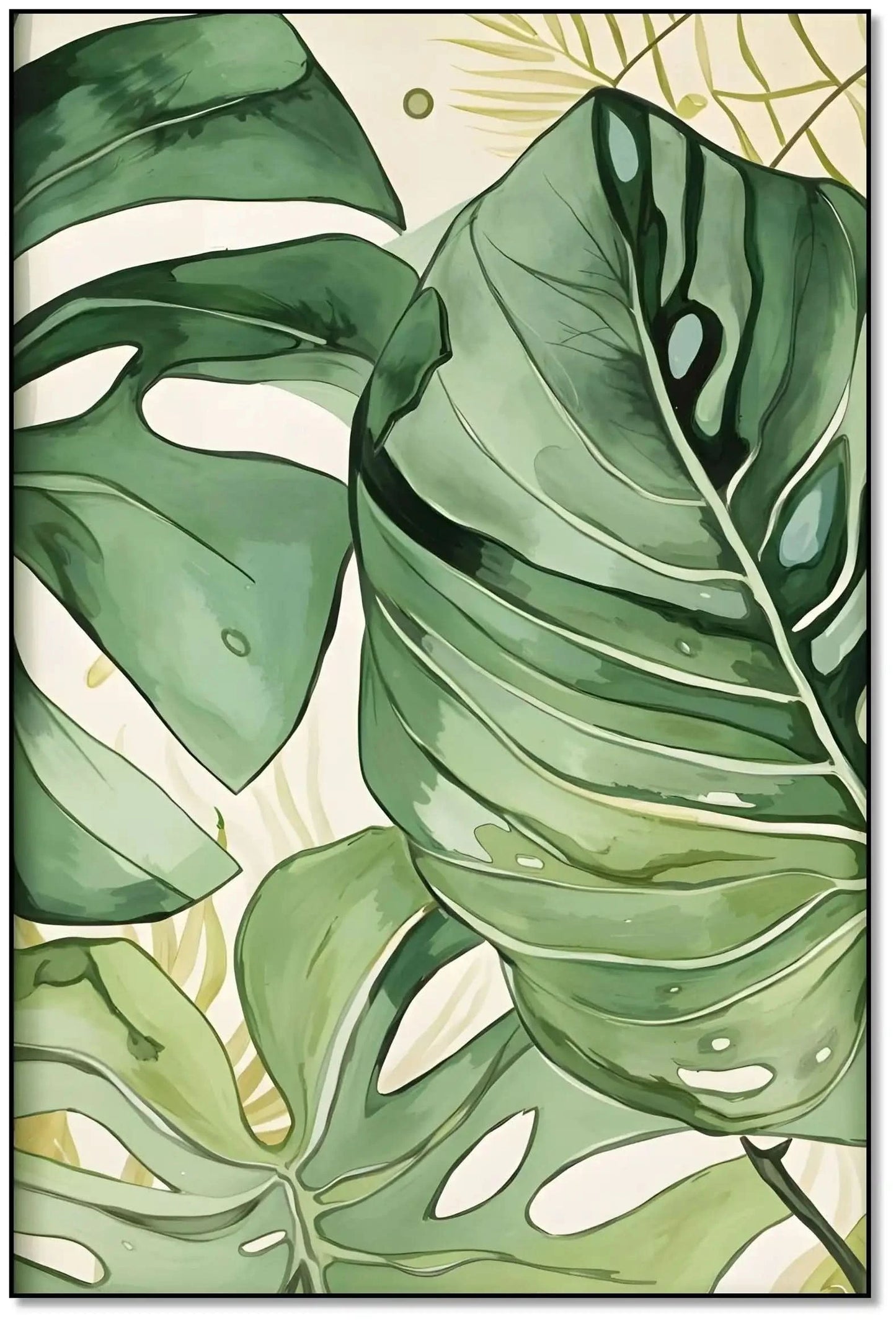 Tableau de feuilles tropicales aux nuances de vert, ambiance naturelle et apaisante pour salon ou chambre moderne.