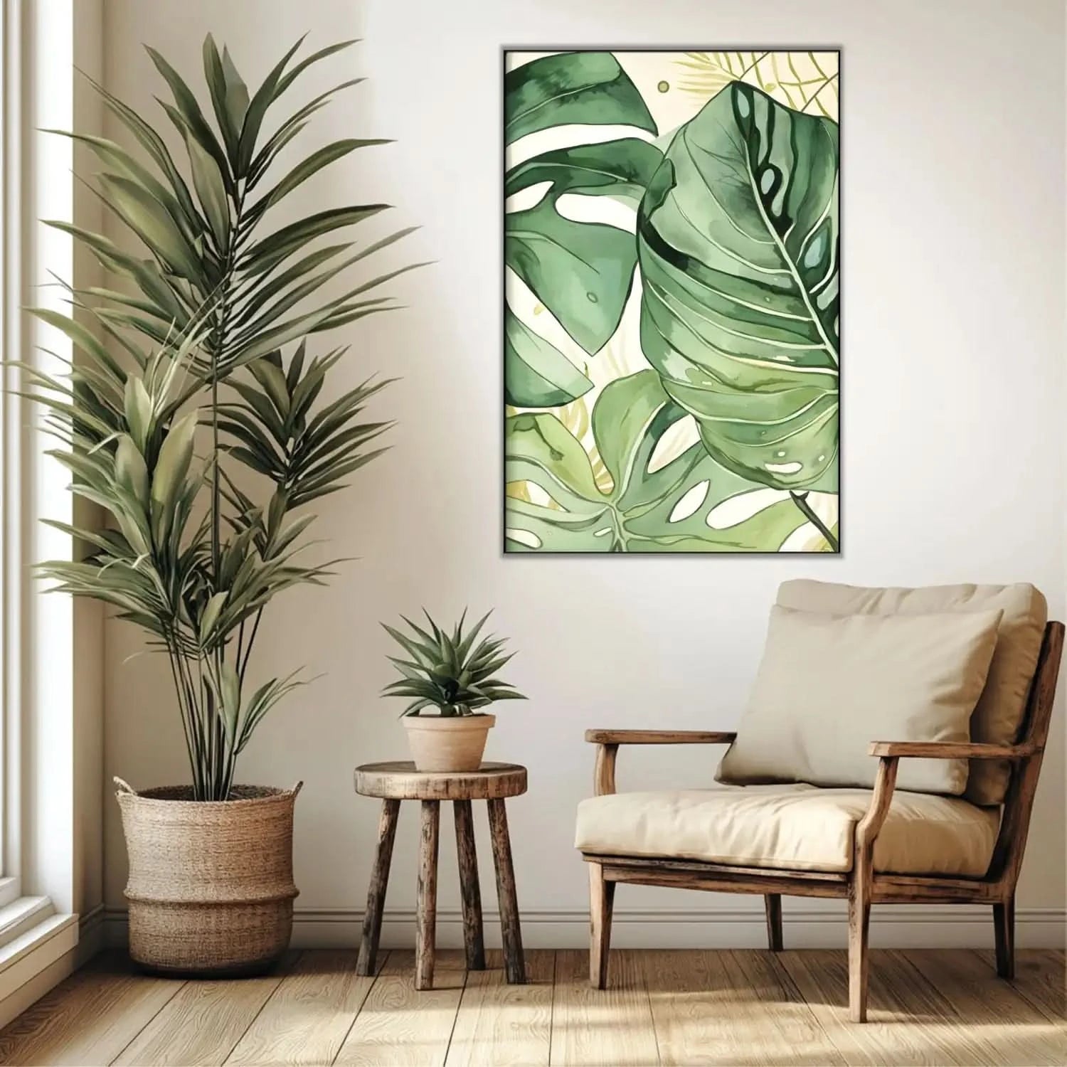 Tableau de feuilles tropicales aux nuances de vert, ambiance naturelle et apaisante pour salon ou chambre moderne.