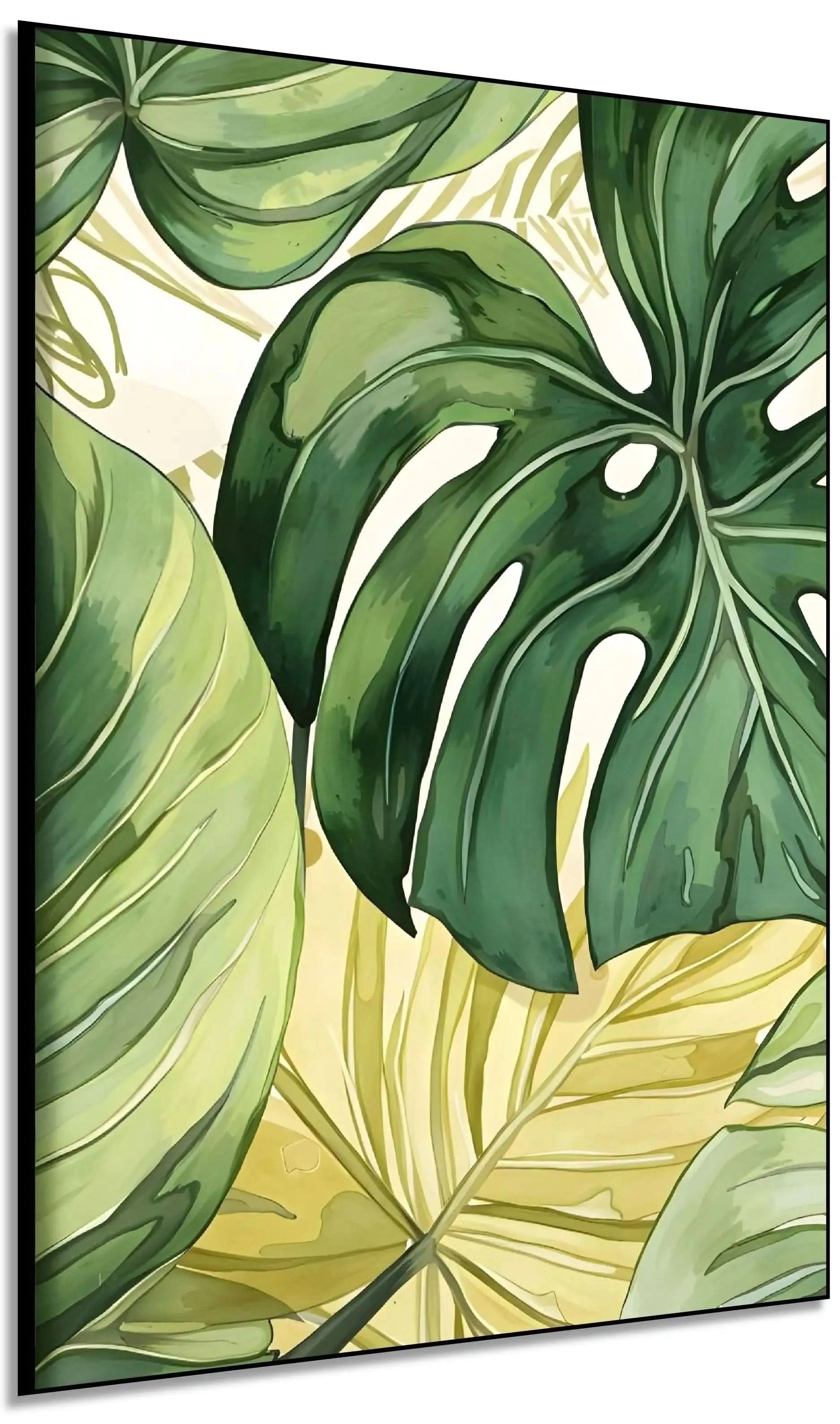 Toile avec feuilles tropicales vertes, ambiance naturelle et sereine, idéale pour salon ou chambre moderne.