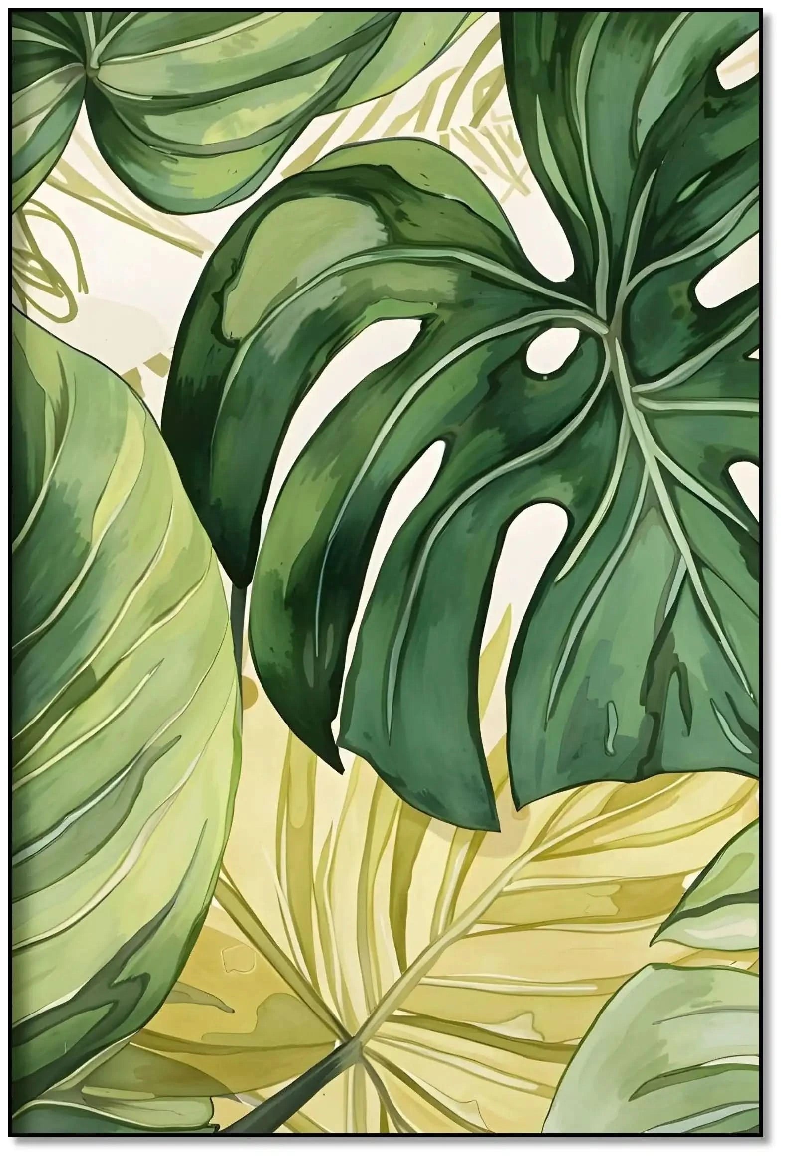 Toile avec feuilles tropicales vertes, ambiance naturelle et sereine, idéale pour salon ou chambre moderne.