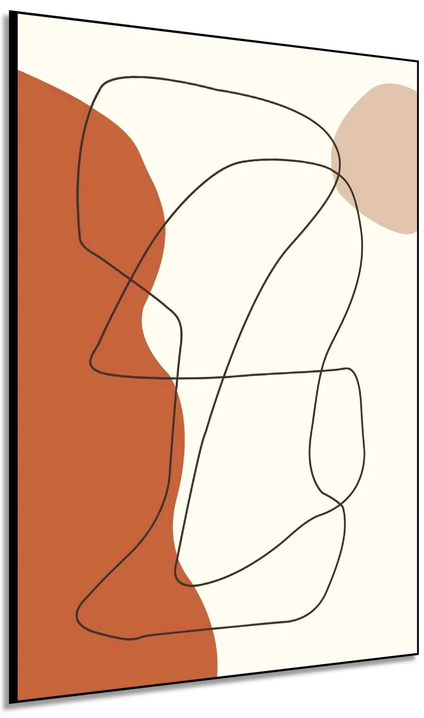 Œuvre minimaliste avec lignes noires sinueuses et formes brunes sur fond beige, ambiance apaisante pour salon moderne.