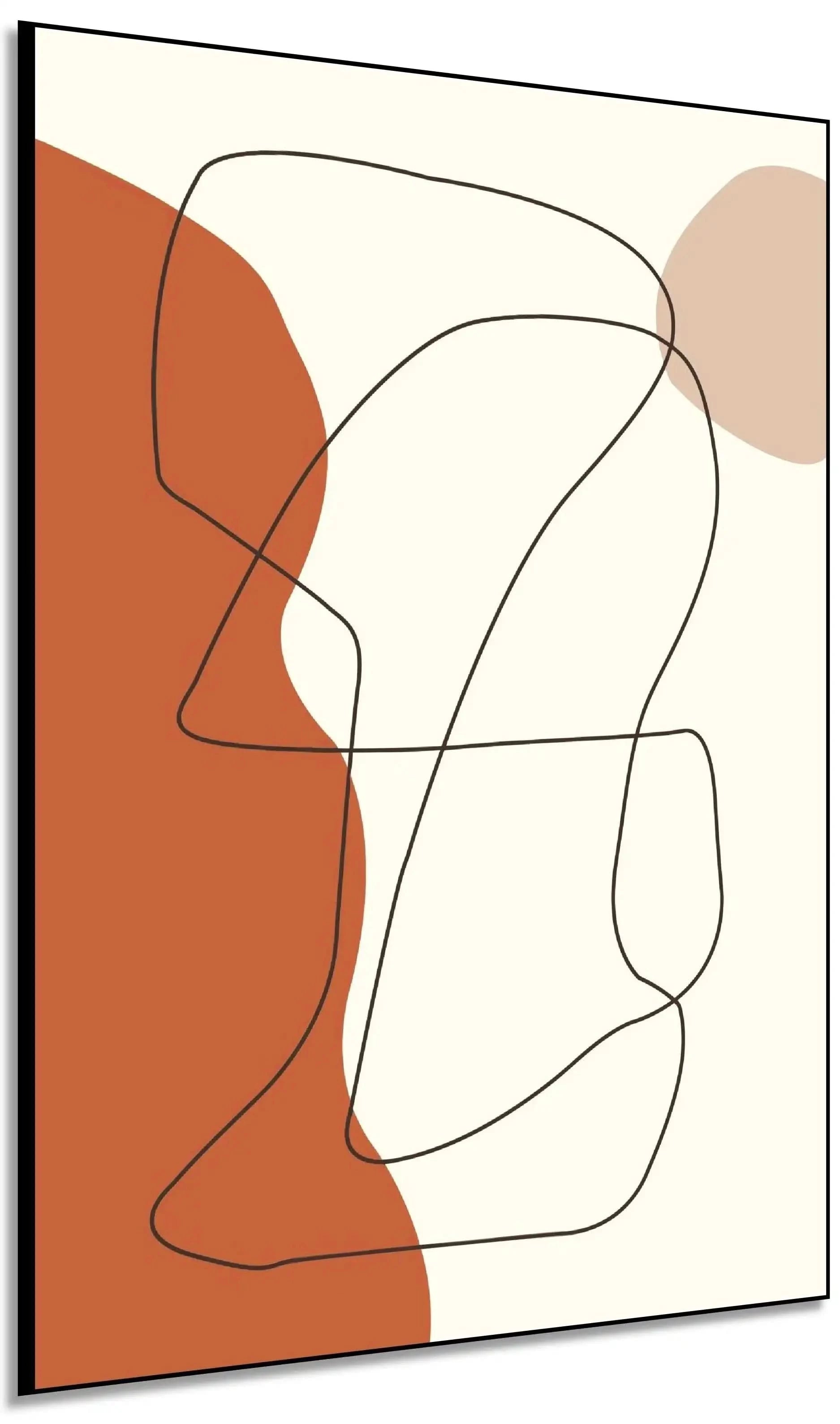 Œuvre minimaliste avec lignes noires sinueuses et formes brunes sur fond beige, ambiance apaisante pour salon moderne.