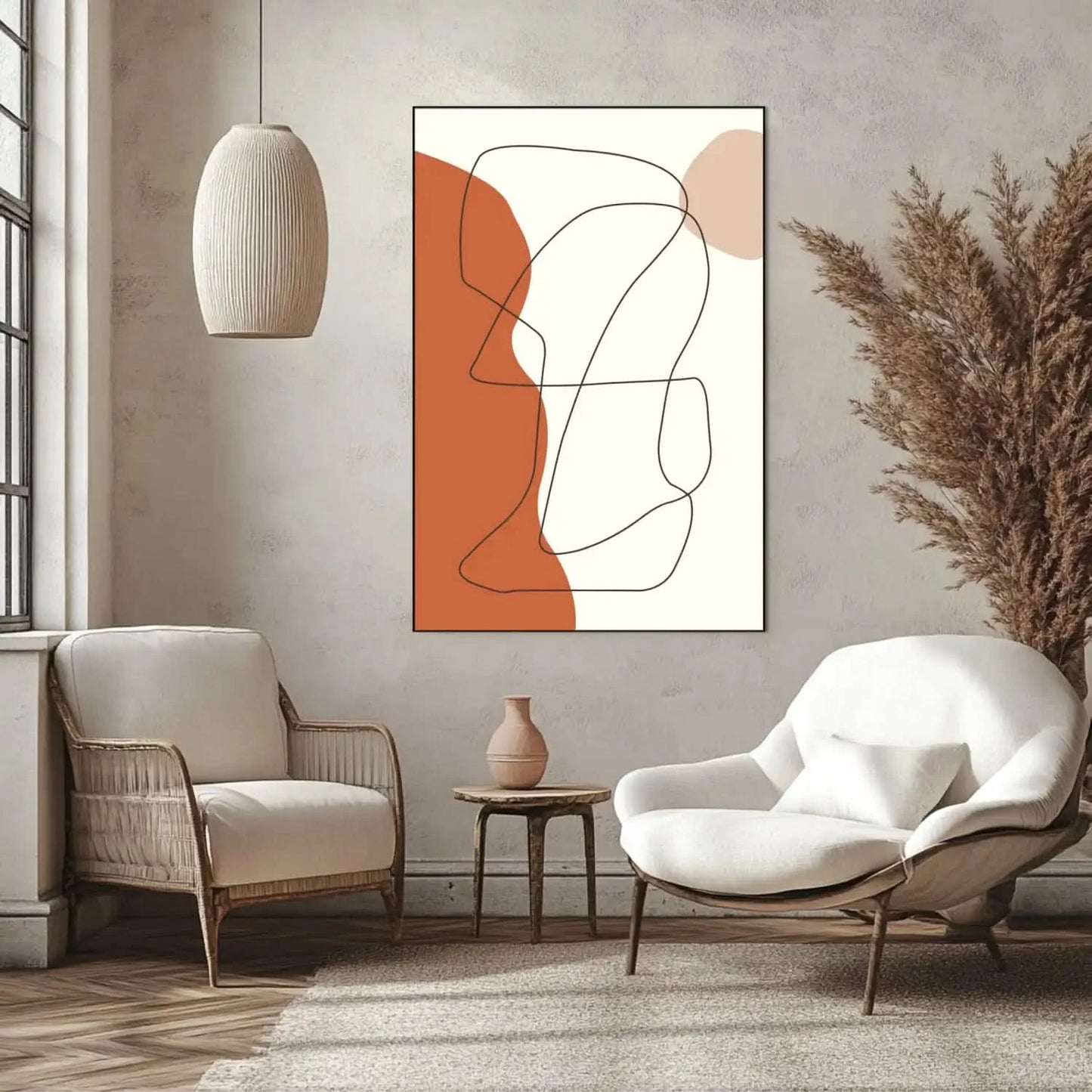 Œuvre minimaliste avec lignes noires sinueuses et formes brunes sur fond beige, ambiance apaisante pour salon moderne.