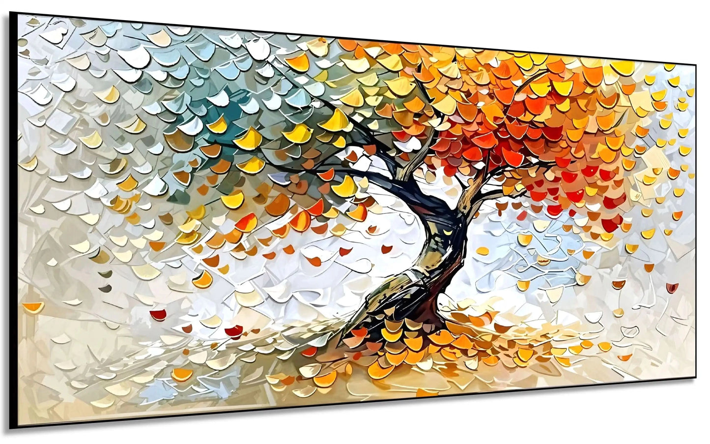 Arbre abstrait multicolore aux feuilles rouges, jaunes et vertes célébrant les saisons, pour un salon ou un bureau.