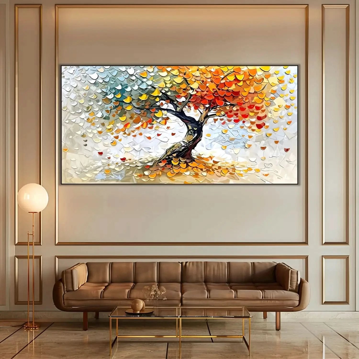 Arbre abstrait multicolore aux feuilles rouges, jaunes et vertes célébrant les saisons, pour un salon ou un bureau.