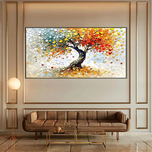 Arbre abstrait multicolore aux feuilles rouges, jaunes et vertes célébrant les saisons, pour un salon ou un bureau.