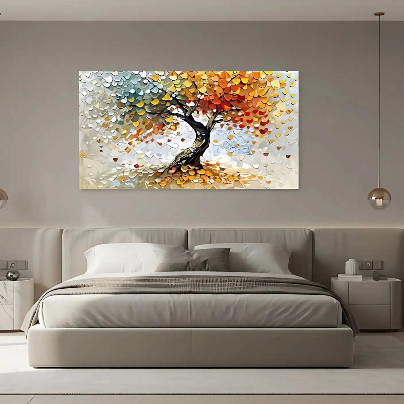 Arbre abstrait multicolore aux feuilles rouges, jaunes et vertes célébrant les saisons, pour un salon ou un bureau.