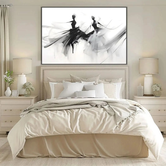 Silhouettes dansantes en noir et gris sur fond blanc, ambiance élégante et mystérieuse pour salon ou bureau moderne.