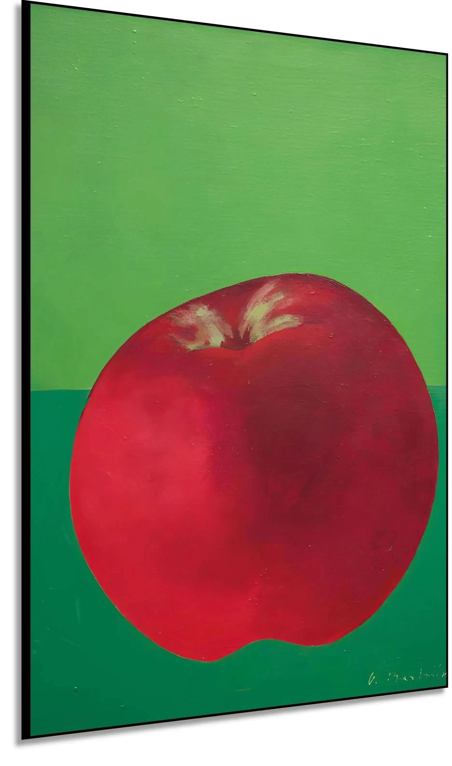 Peinture de nature morte avec une pomme rouge éclatante sur fond vert, contraste vibrant, idéale pour cuisine moderne.