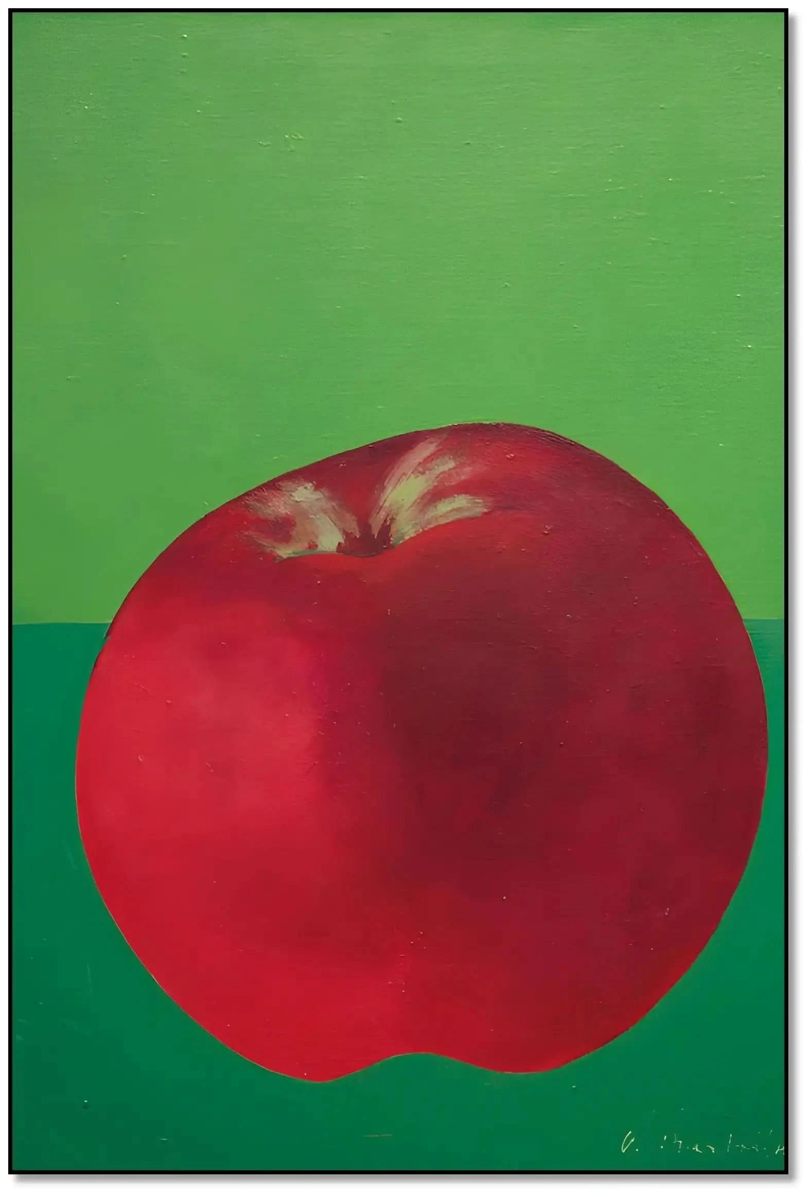 Peinture de nature morte avec une pomme rouge éclatante sur fond vert, contraste vibrant, idéale pour cuisine moderne.