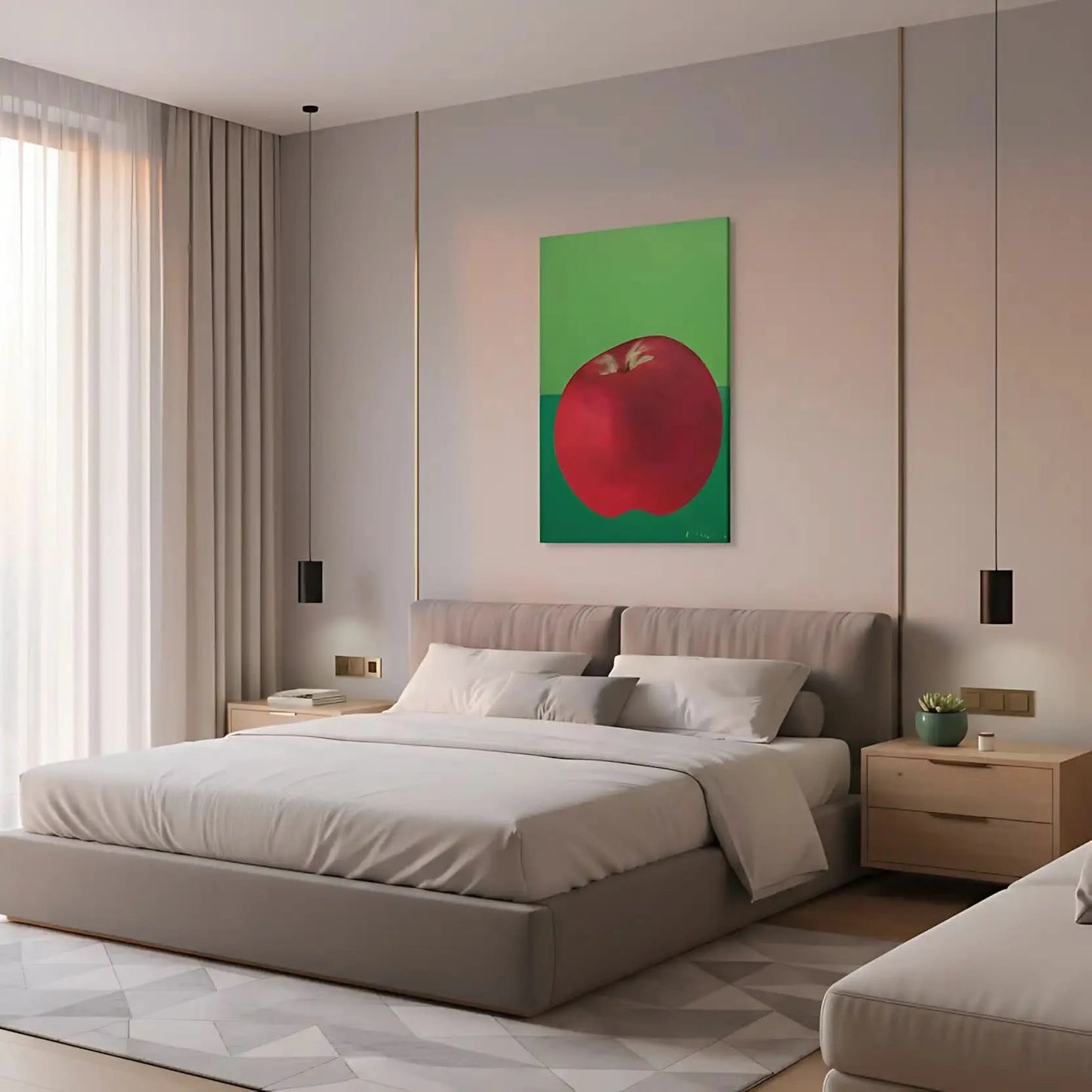 Peinture de nature morte avec une pomme rouge éclatante sur fond vert, contraste vibrant, idéale pour cuisine moderne.