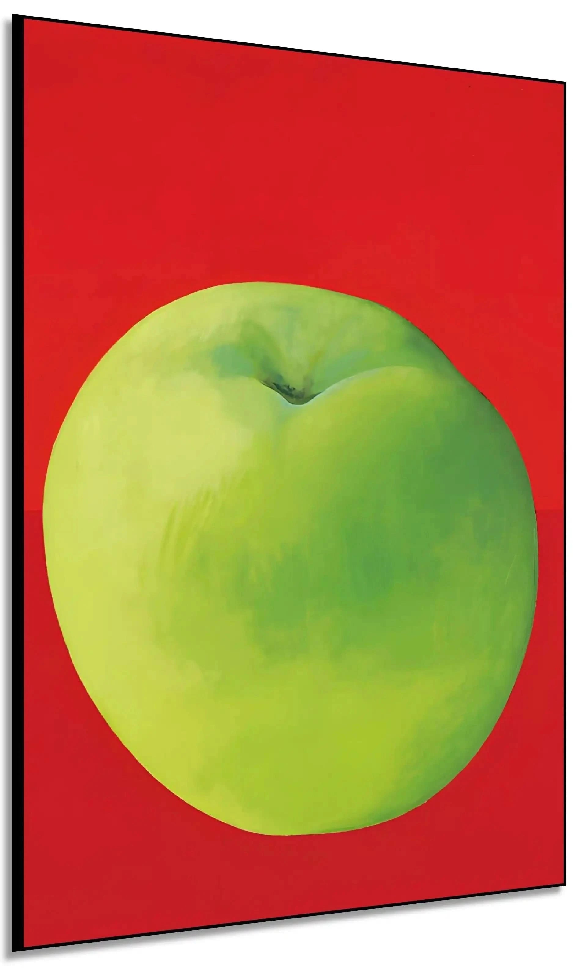 Tableau moderne avec une pomme verte vibrante sur fond rouge profond, style minimaliste, idéal pour cuisine ou salon contempo