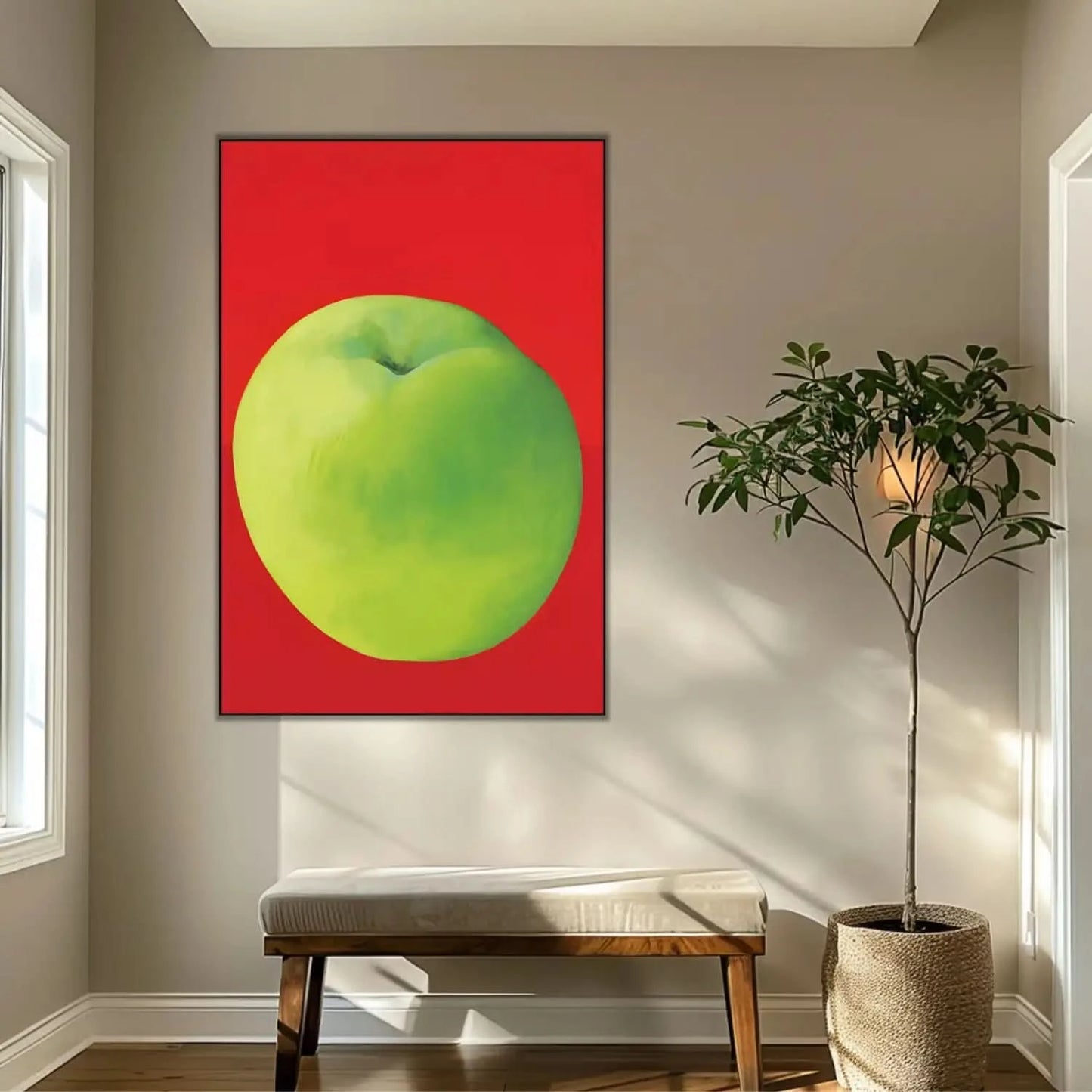 Tableau moderne avec une pomme verte vibrante sur fond rouge profond, style minimaliste, idéal pour cuisine ou salon contempo