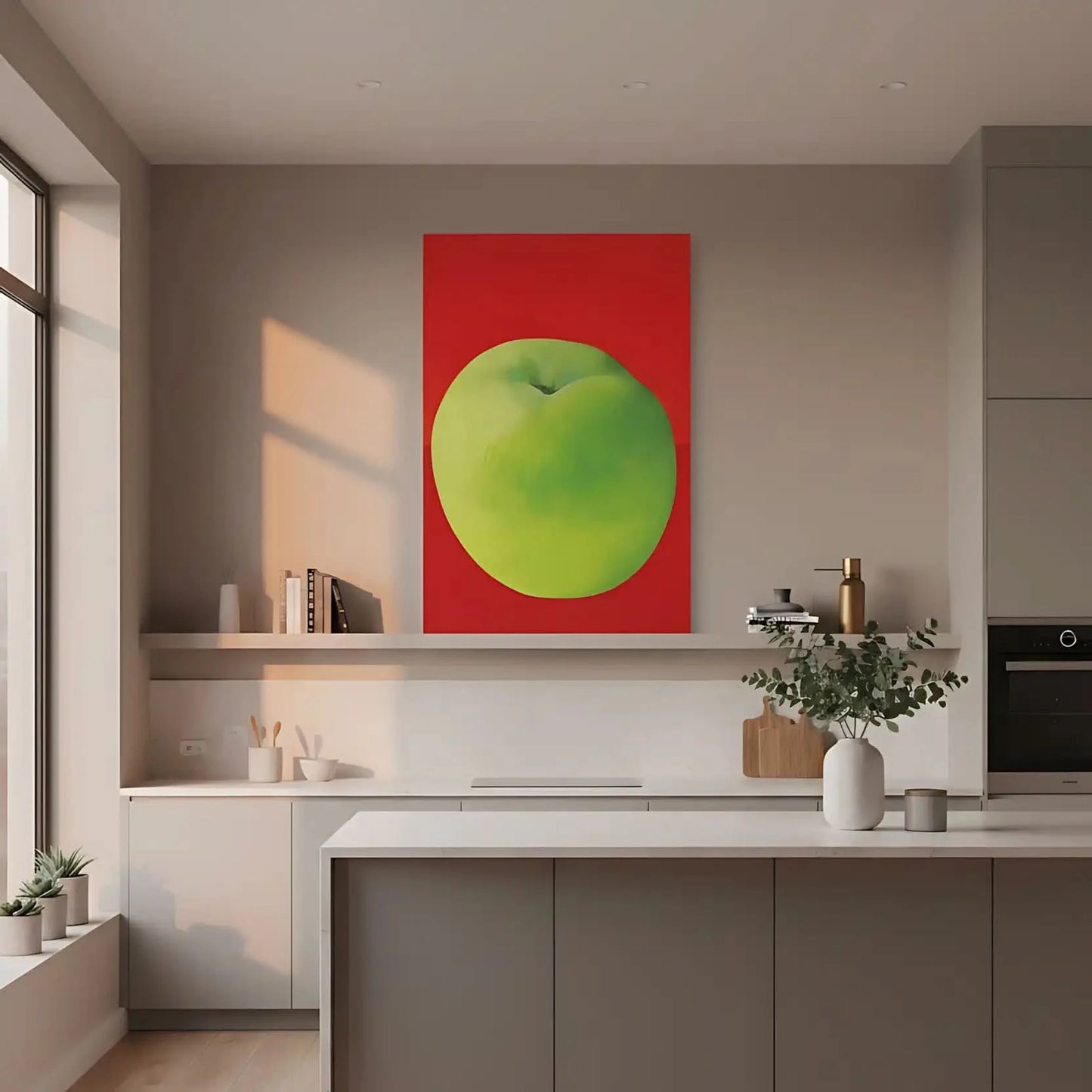 Tableau moderne avec une pomme verte vibrante sur fond rouge profond, style minimaliste, idéal pour cuisine ou salon contempo
