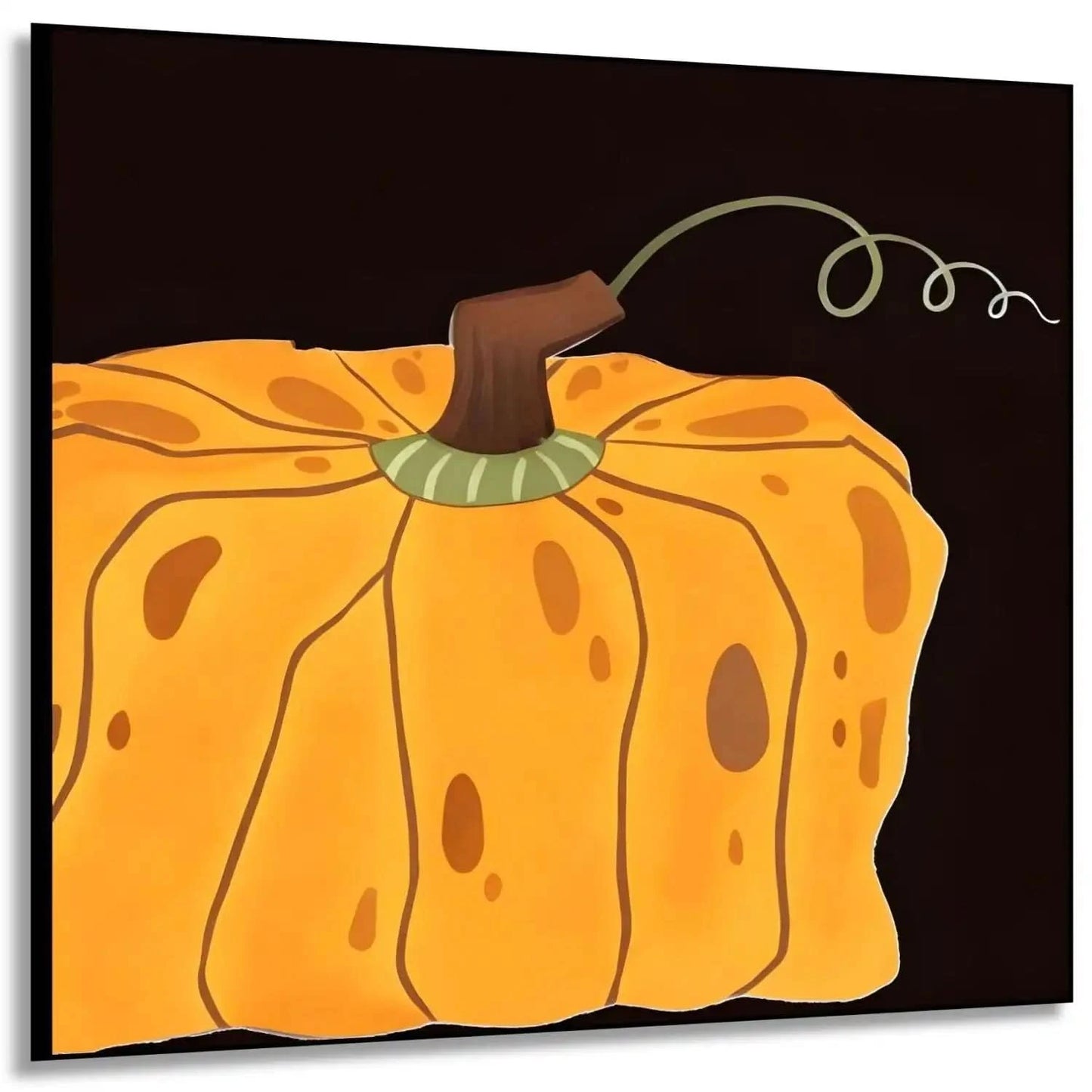 Peinture de courge orange vif sur fond noir, ambiance chaleureuse et rustique, idéale pour salon ou cuisine.
