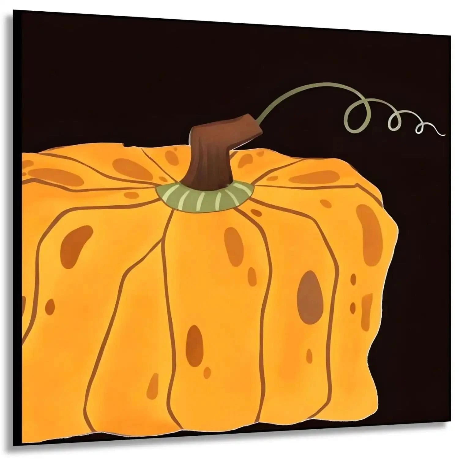 Peinture de courge orange vif sur fond noir, ambiance chaleureuse et rustique, idéale pour salon ou cuisine.