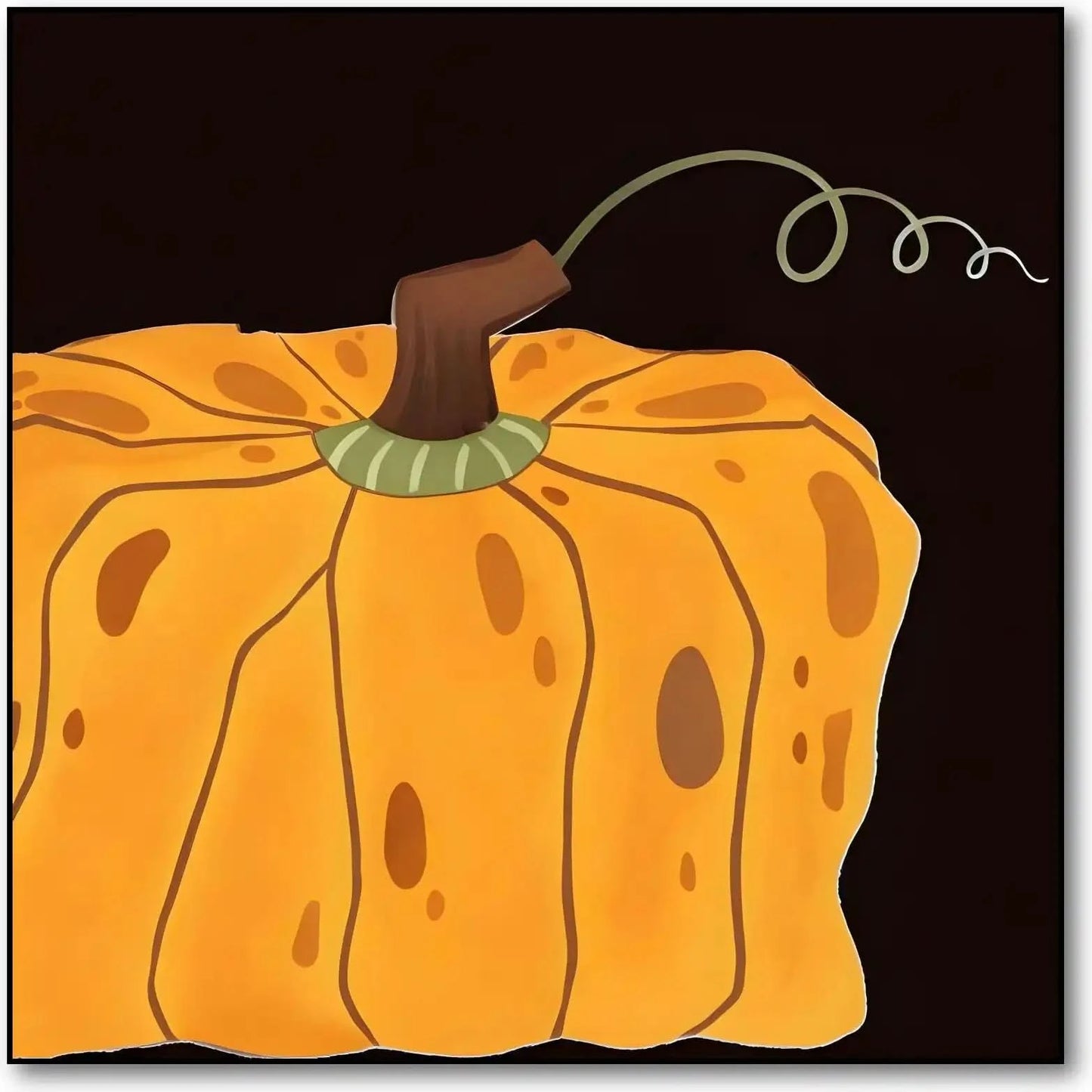 Peinture de courge orange vif sur fond noir, ambiance chaleureuse et rustique, idéale pour salon ou cuisine.