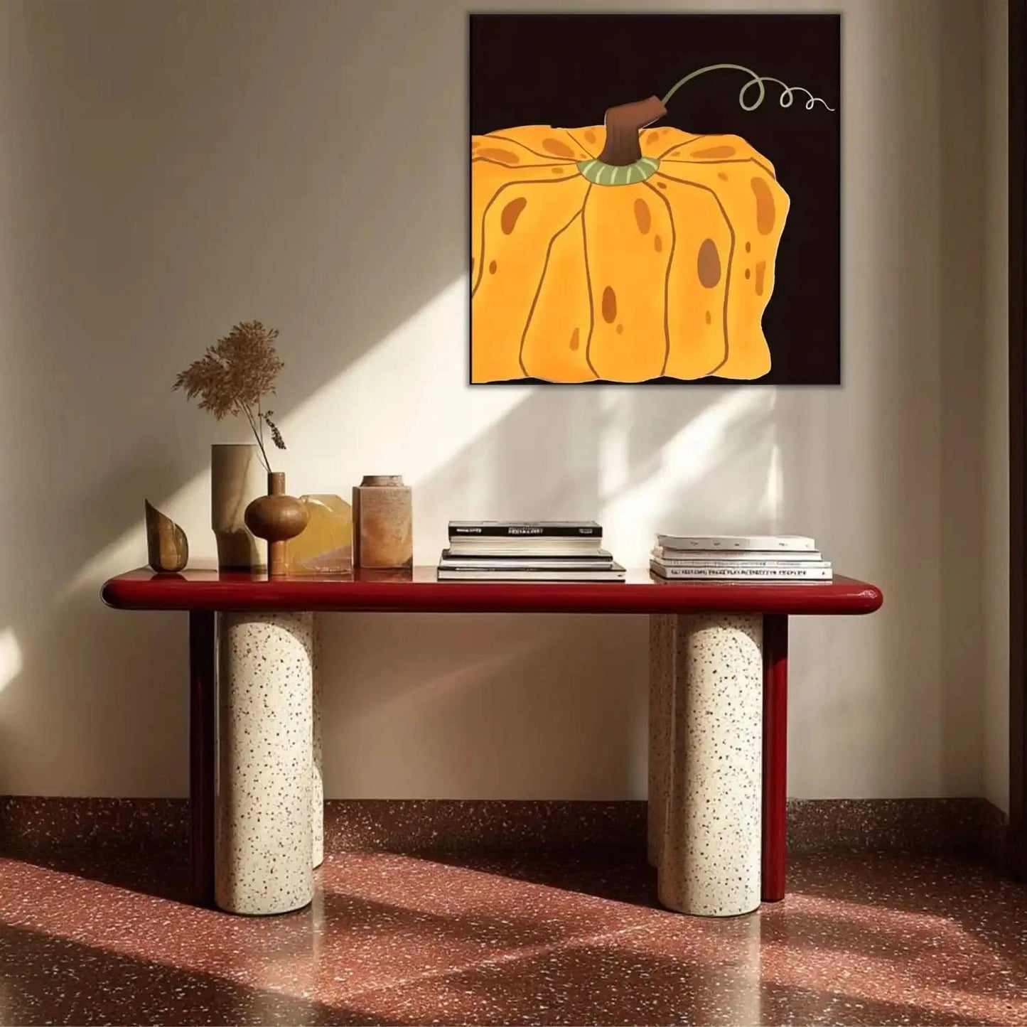 Peinture de courge orange vif sur fond noir, ambiance chaleureuse et rustique, idéale pour salon ou cuisine.