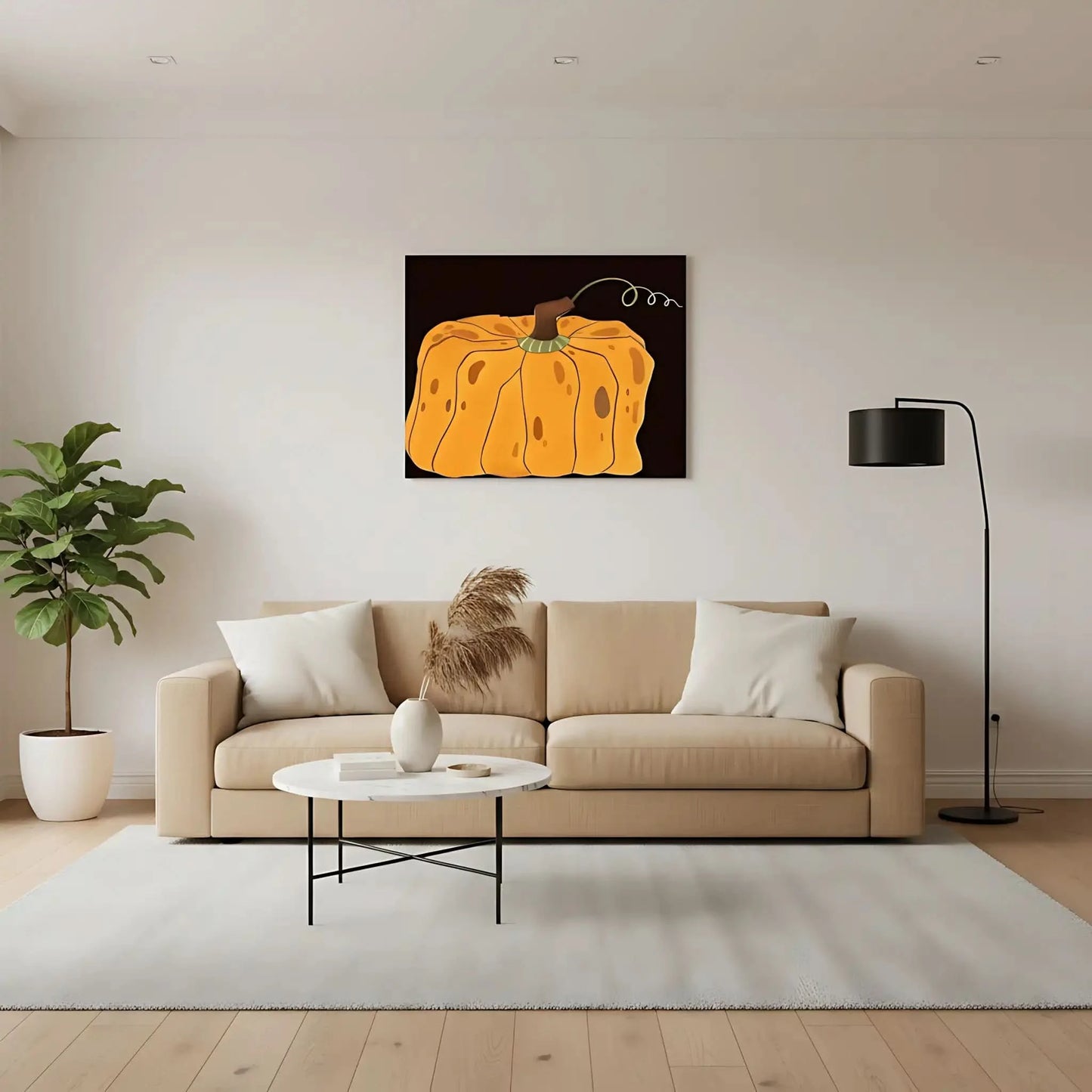 Peinture de courge orange vif sur fond noir, ambiance chaleureuse et rustique, idéale pour salon ou cuisine.