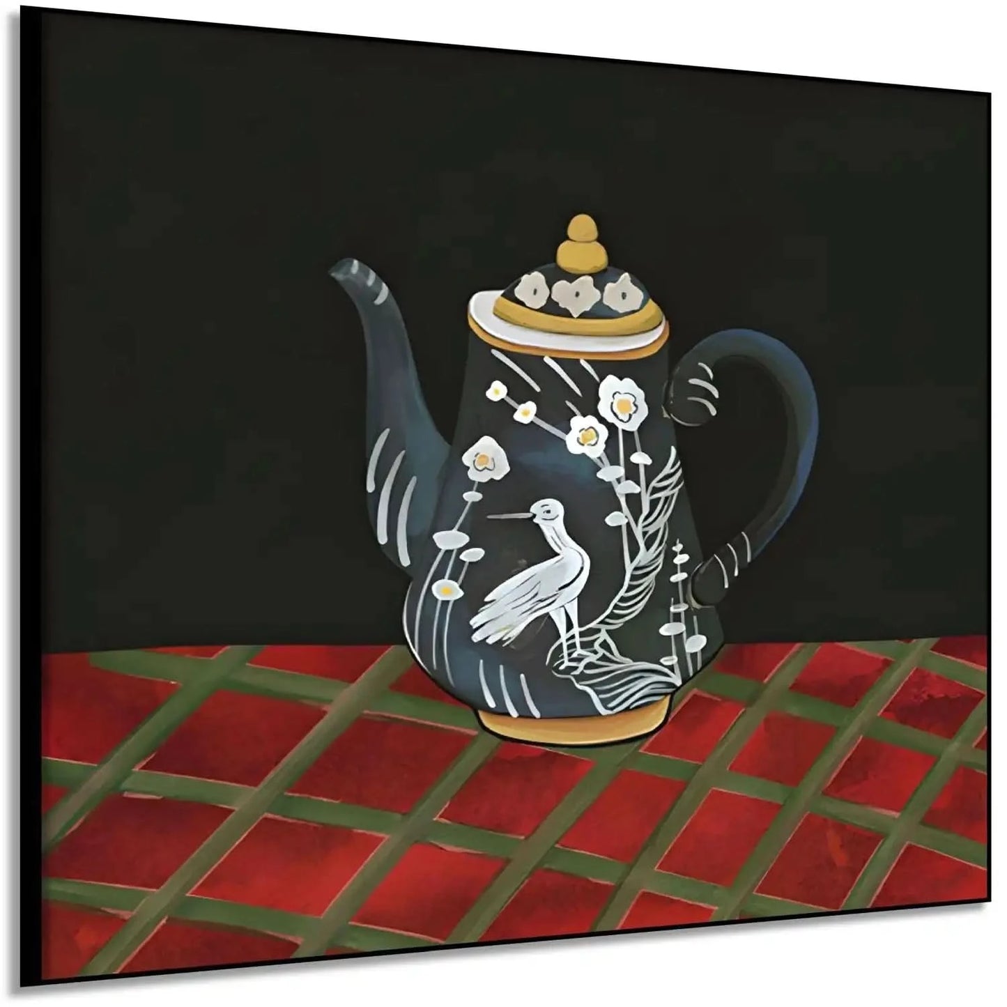 Tableau d'une théière noire avec motifs d'oiseau blanc et fleurs, sur fond noir et table rouge, ambiance élégante et mystérie