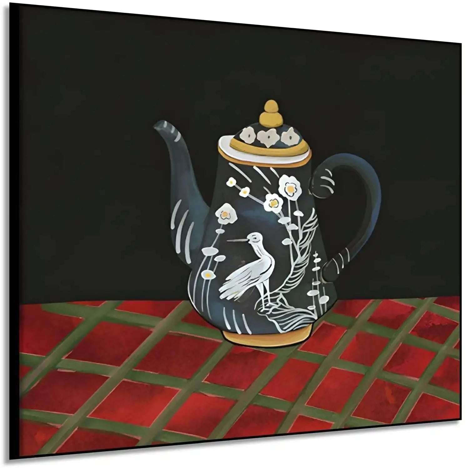 Tableau d'une théière noire avec motifs d'oiseau blanc et fleurs, sur fond noir et table rouge, ambiance élégante et mystérie