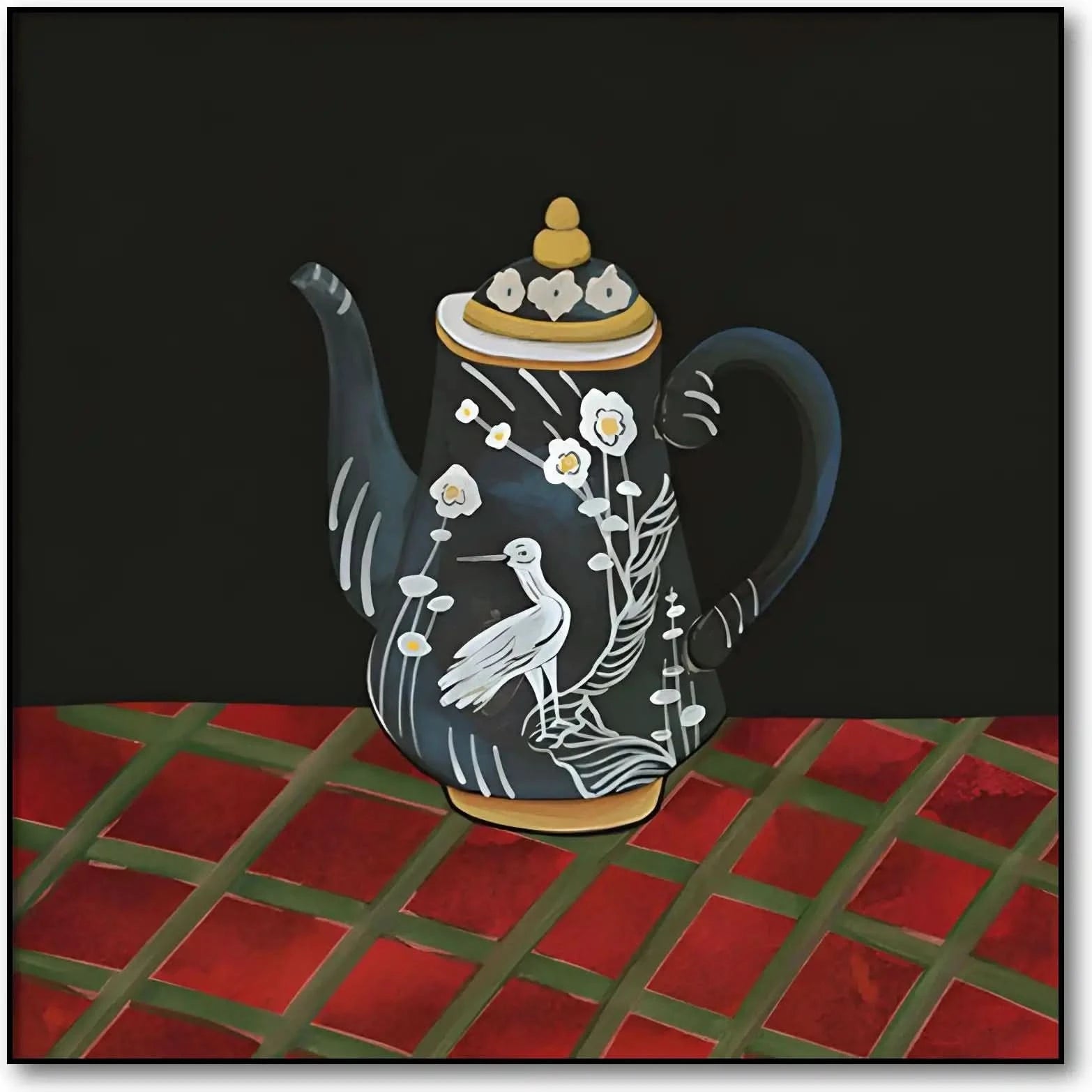 Tableau d'une théière noire avec motifs d'oiseau blanc et fleurs, sur fond noir et table rouge, ambiance élégante et mystérie