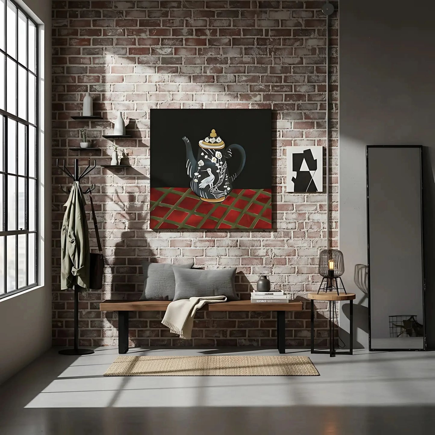 Tableau d'une théière noire avec motifs d'oiseau blanc et fleurs, sur fond noir et table rouge, ambiance élégante et mystérie