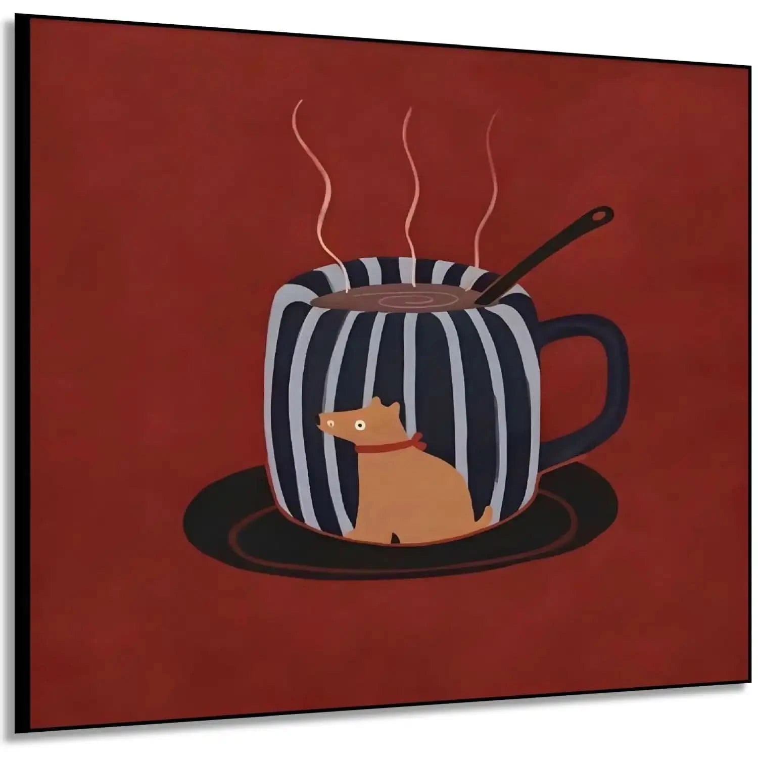 Tasse rayée noir et blanc avec chien, fond rouge, ambiance chaleureuse et ludique pour cuisine ou salon.