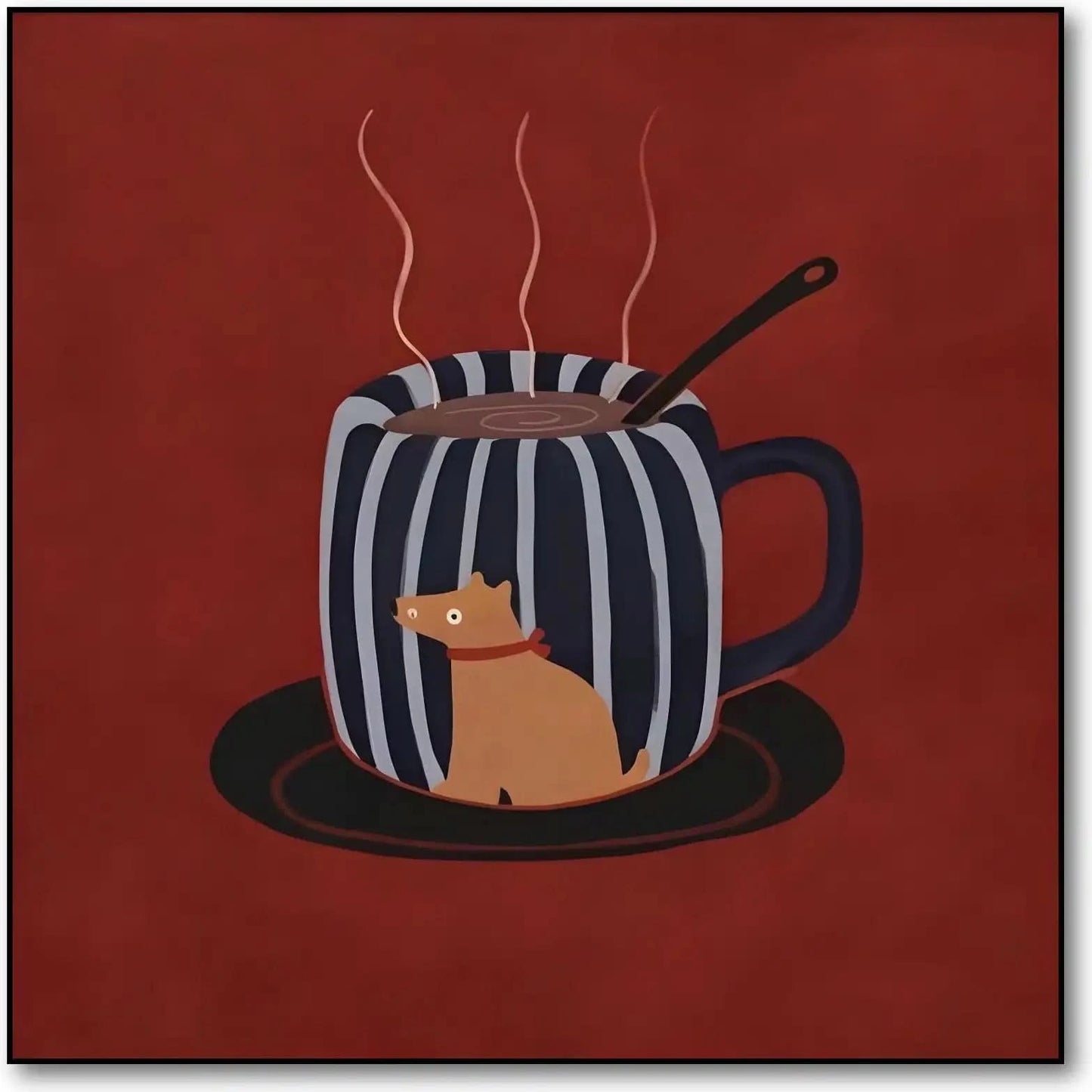 Tasse rayée noir et blanc avec chien, fond rouge, ambiance chaleureuse et ludique pour cuisine ou salon.