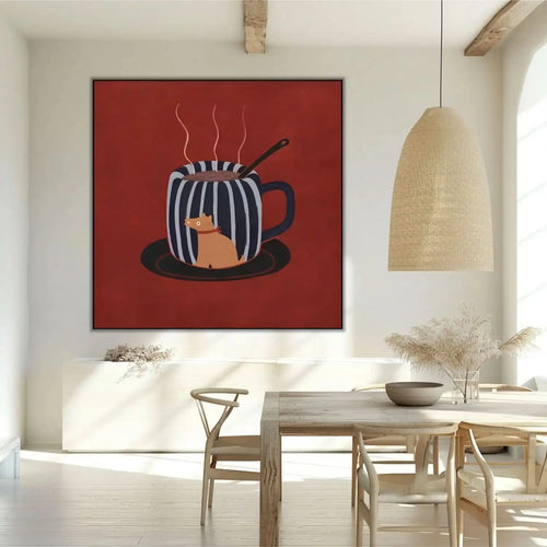 Tasse rayée noir et blanc avec chien, fond rouge, ambiance chaleureuse et ludique pour cuisine ou salon.