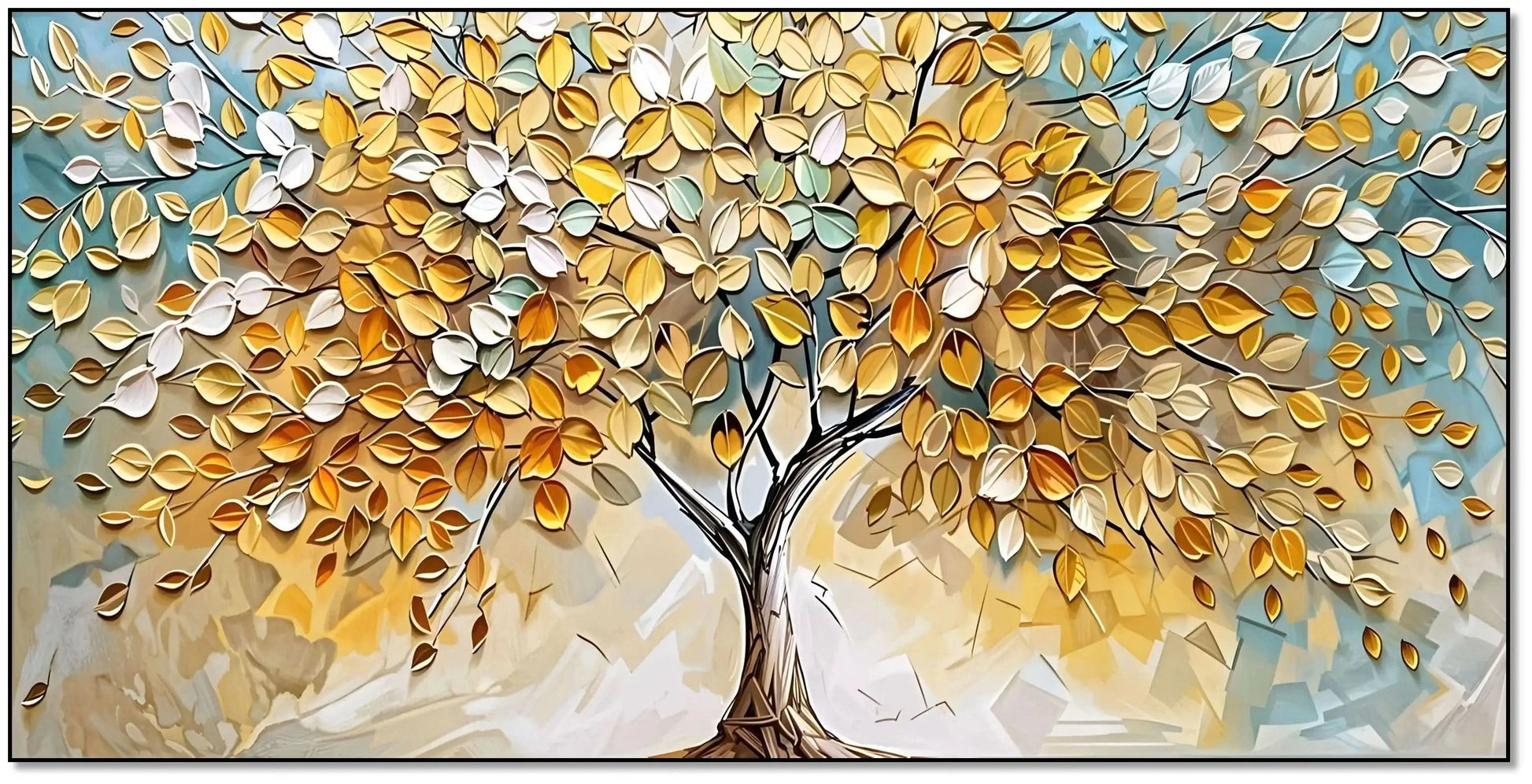 Peinture abstraite d’un arbre doré aux feuilles vert pâle sur fond bleu beige, style mosaïque serein, pour salon ou chambre.