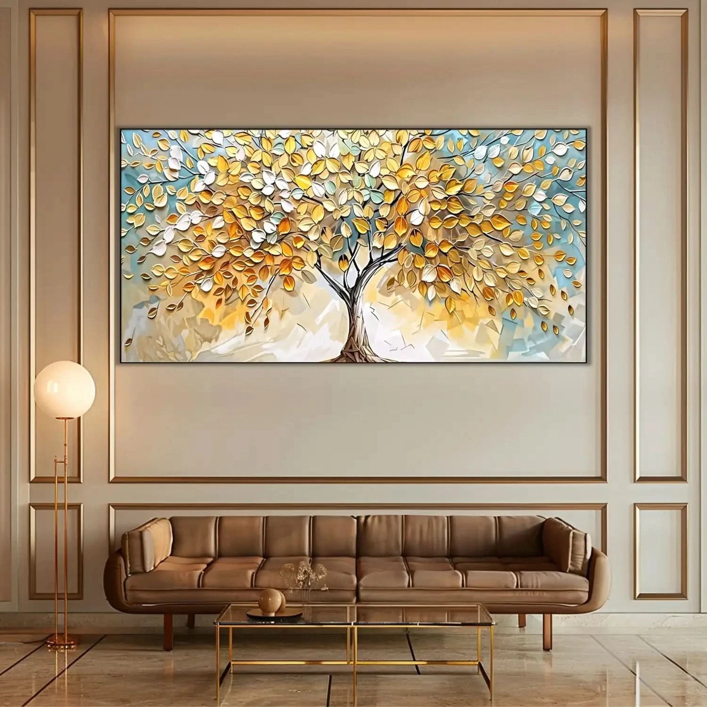 Peinture abstraite d’un arbre doré aux feuilles vert pâle sur fond bleu beige, style mosaïque serein, pour salon ou chambre.