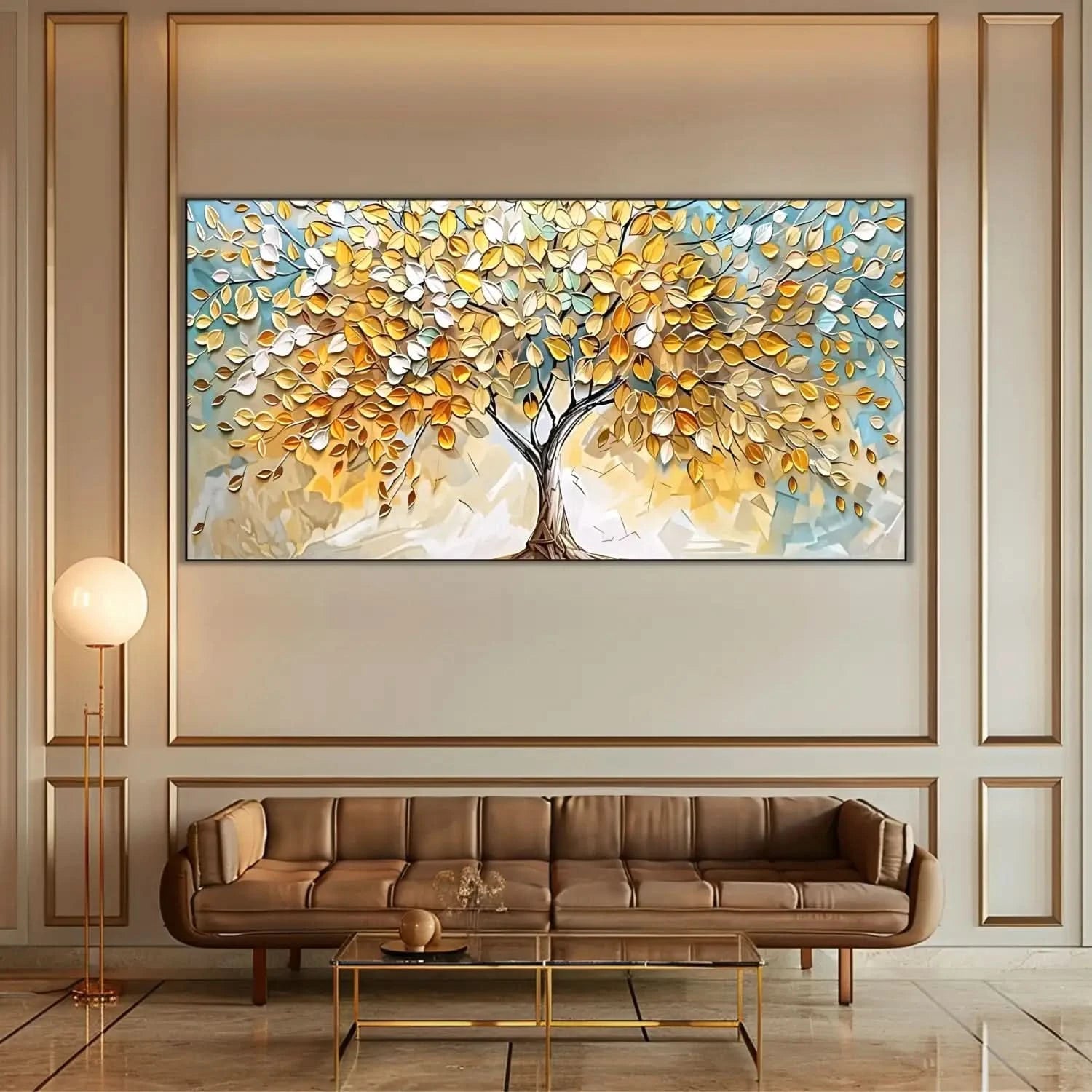 Peinture abstraite d’un arbre doré aux feuilles vert pâle sur fond bleu beige, style mosaïque serein, pour salon ou chambre.