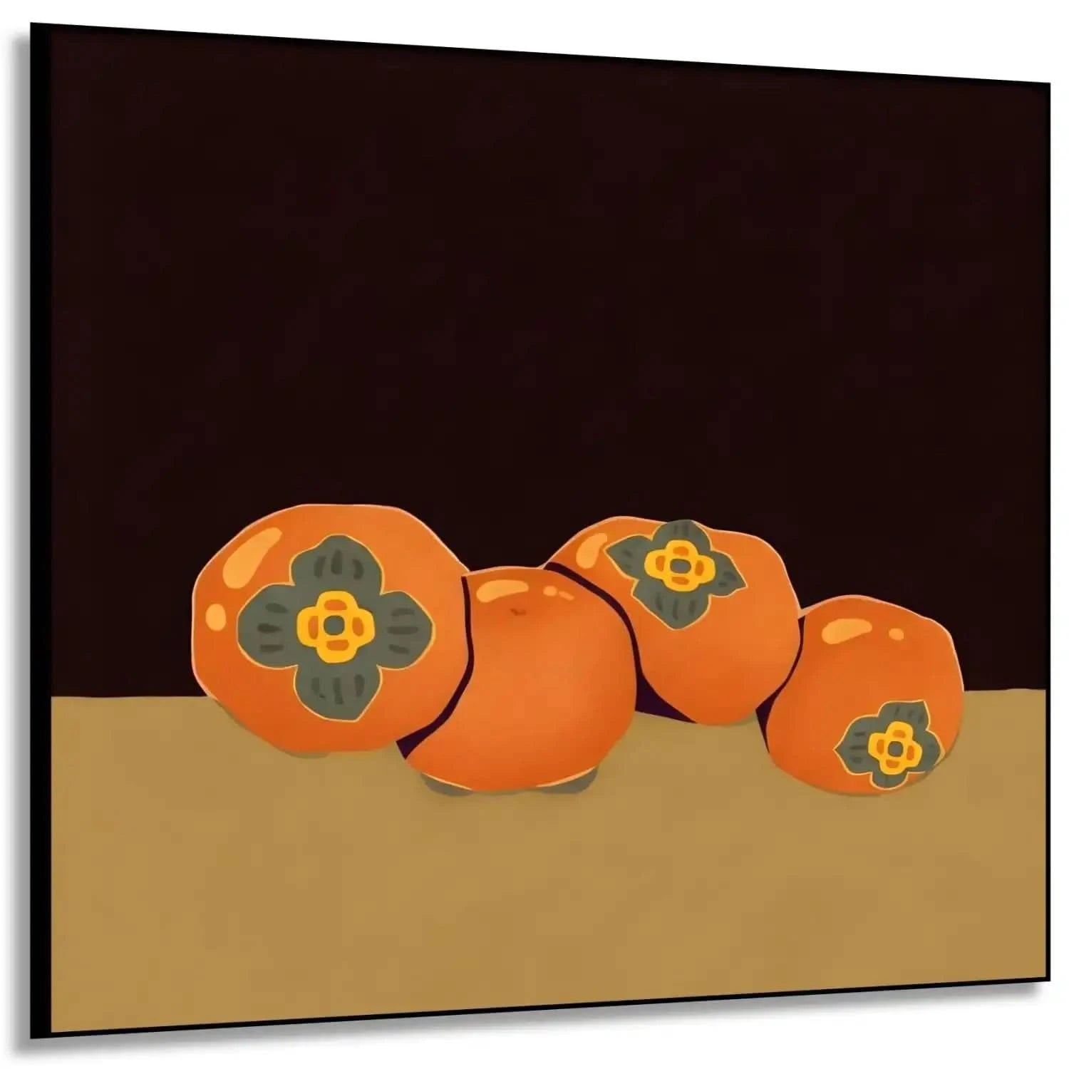 Nature morte avec kakis orange vibrant sur fond sombre, ambiance chaleureuse pour salon ou cuisine.