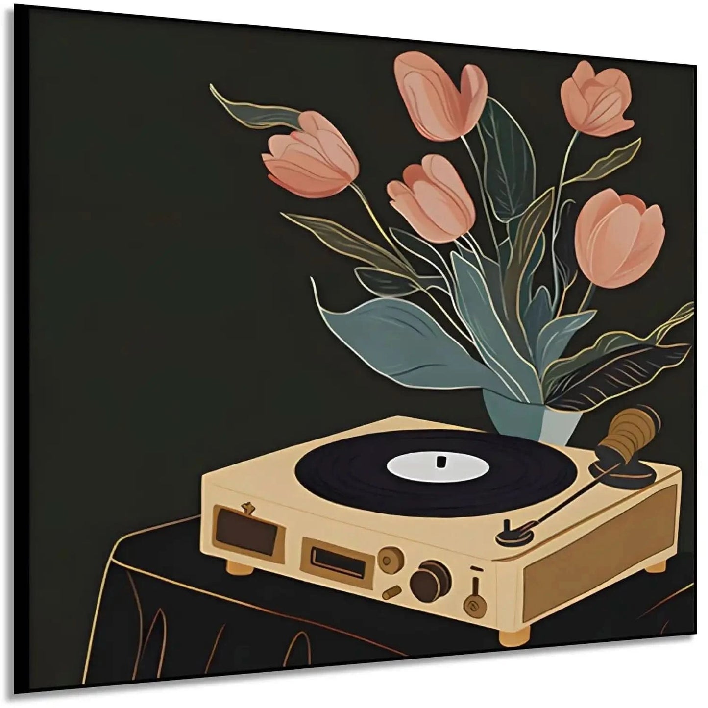 Tableau vintage avec tourne-disque beige et tulipes roses sur fond noir, ambiance chaleureuse et nostalgique.