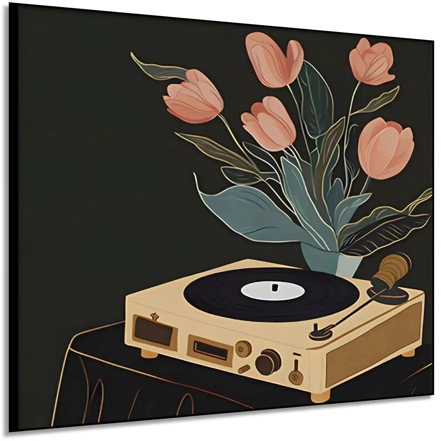 Tableau vintage avec tourne-disque beige et tulipes roses sur fond noir, ambiance chaleureuse et nostalgique.
