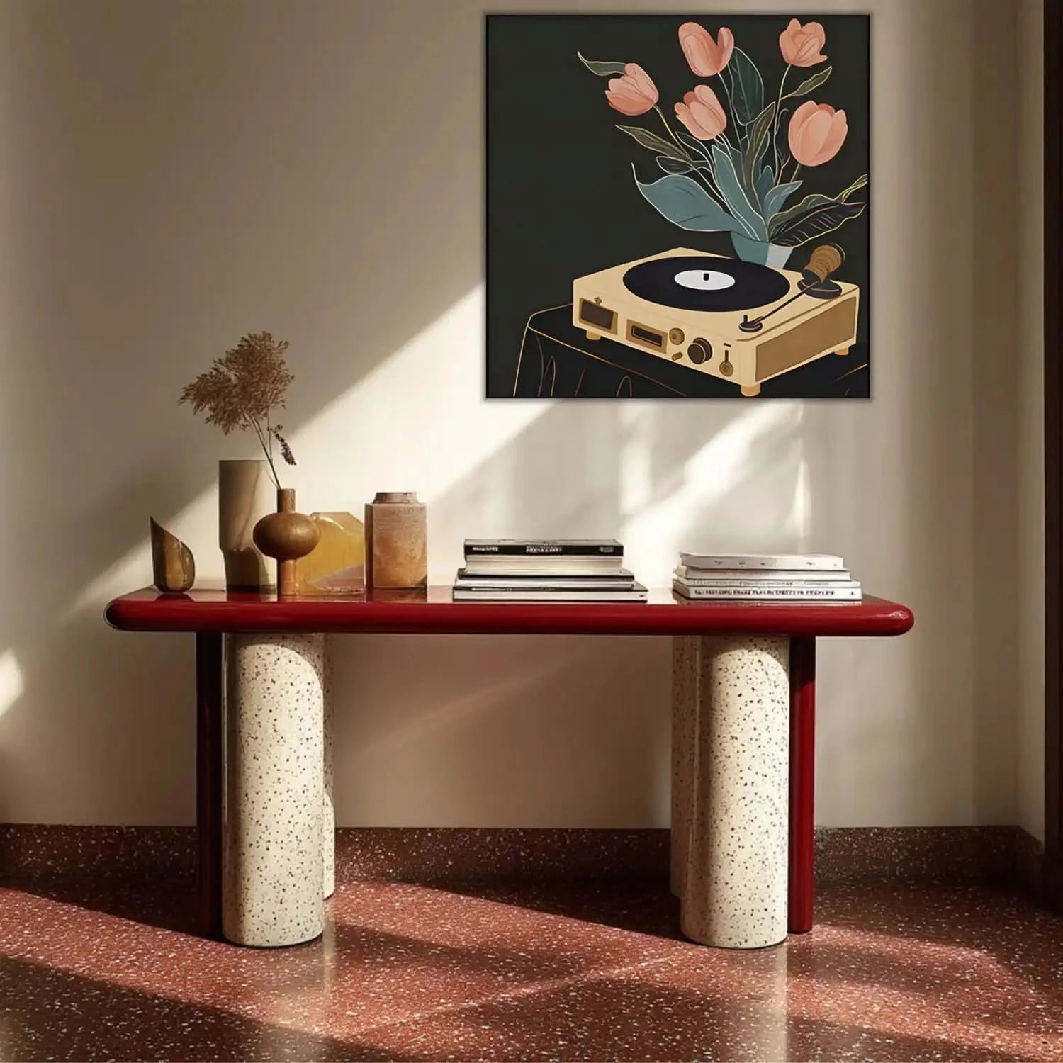 Tableau vintage avec tourne-disque beige et tulipes roses sur fond noir, ambiance chaleureuse et nostalgique.