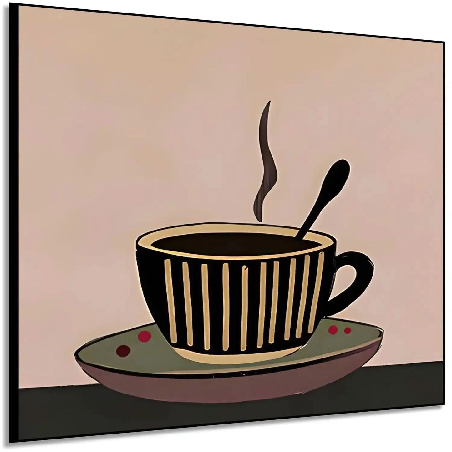 Tableau minimaliste d'une tasse de café fumante, tons bruns et beiges, ambiance chaleureuse pour cuisine ou coin café.